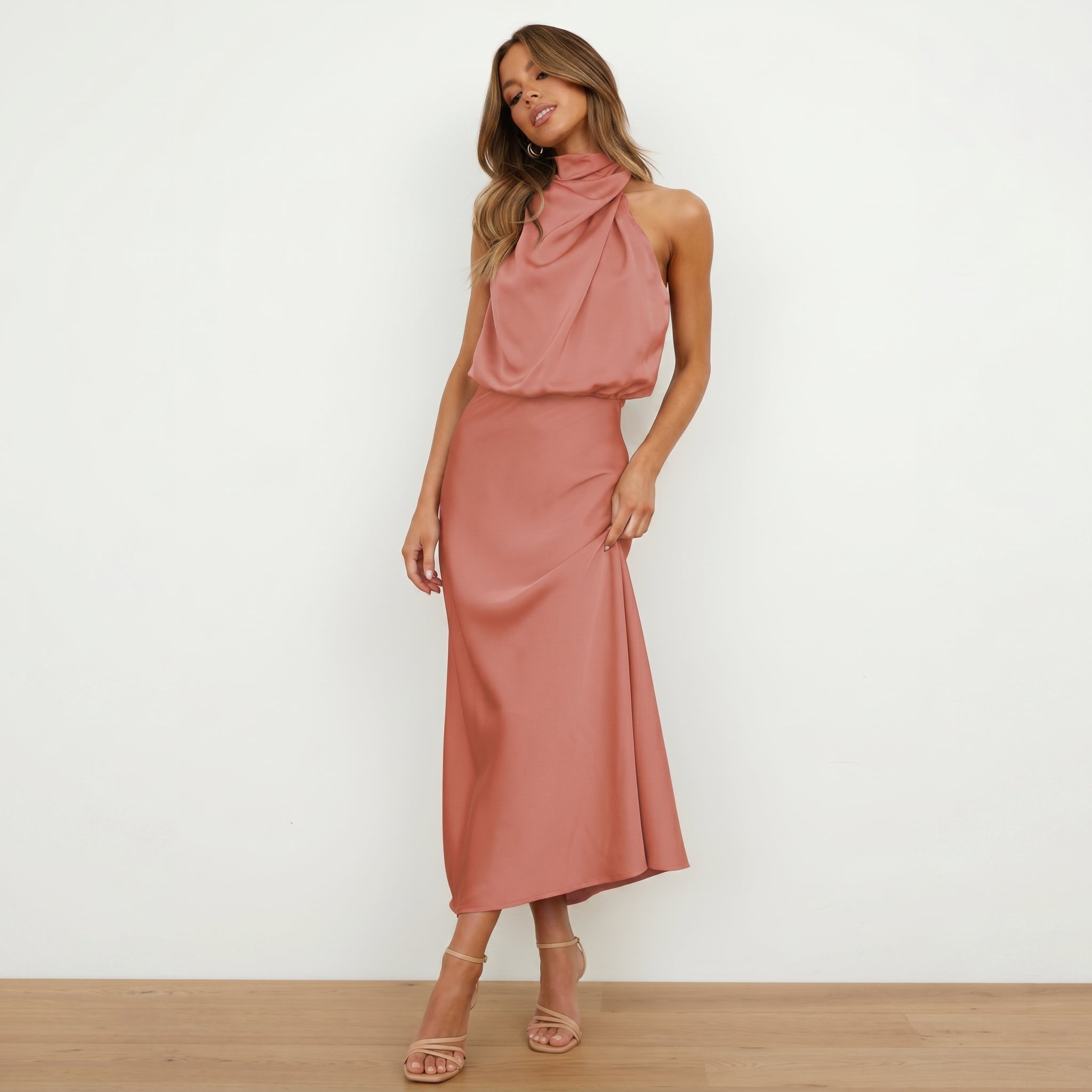 Alfreda - Women's Wedding Guest Halter Neck Midi Dress