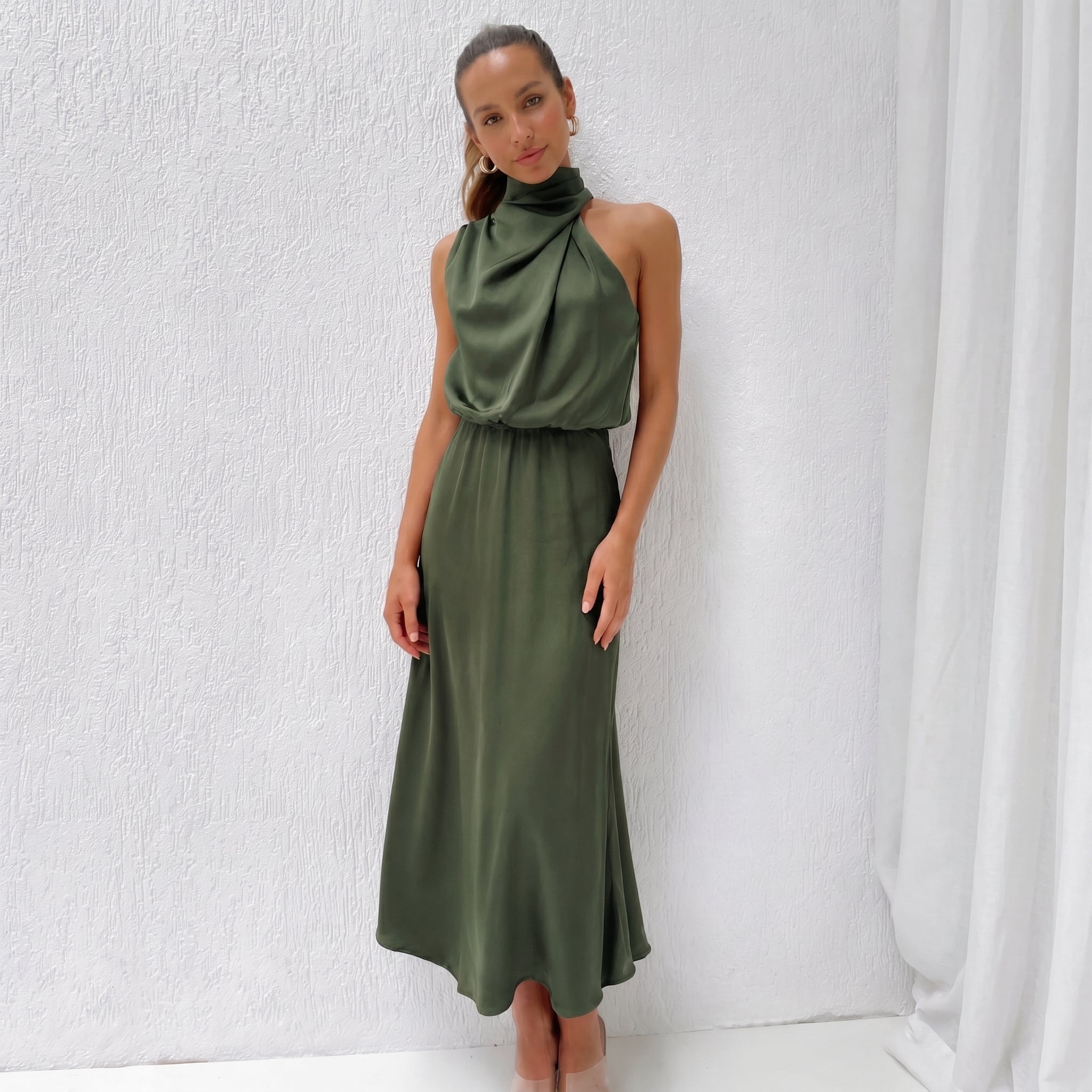 Alfreda - Women's Wedding Guest Halter Neck Midi Dress