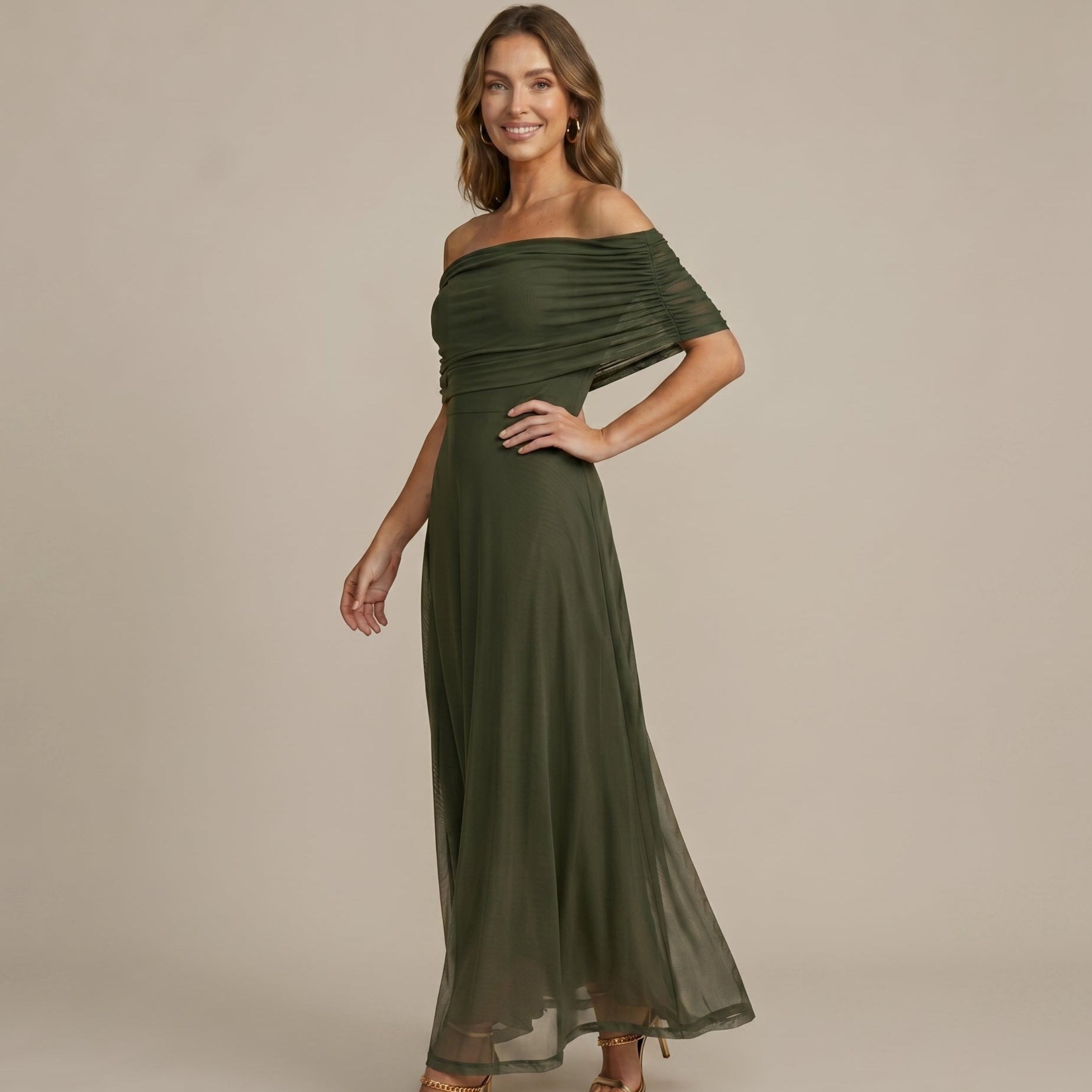 Clara - Women's Evening Off-Shoulder Ruched Wedding Guest Maxi Dress