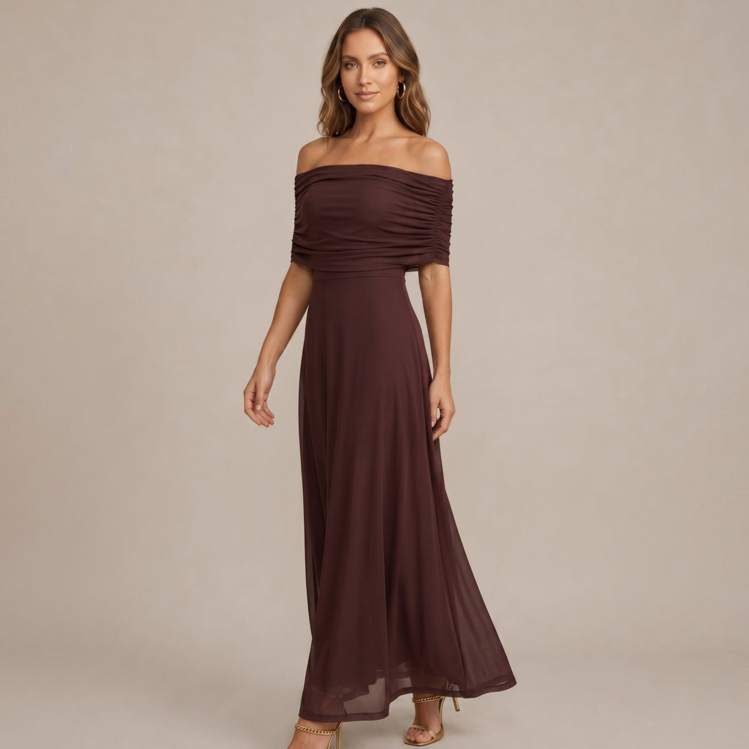 Clara - Women's Evening Off-Shoulder Ruched Wedding Guest Maxi Dress