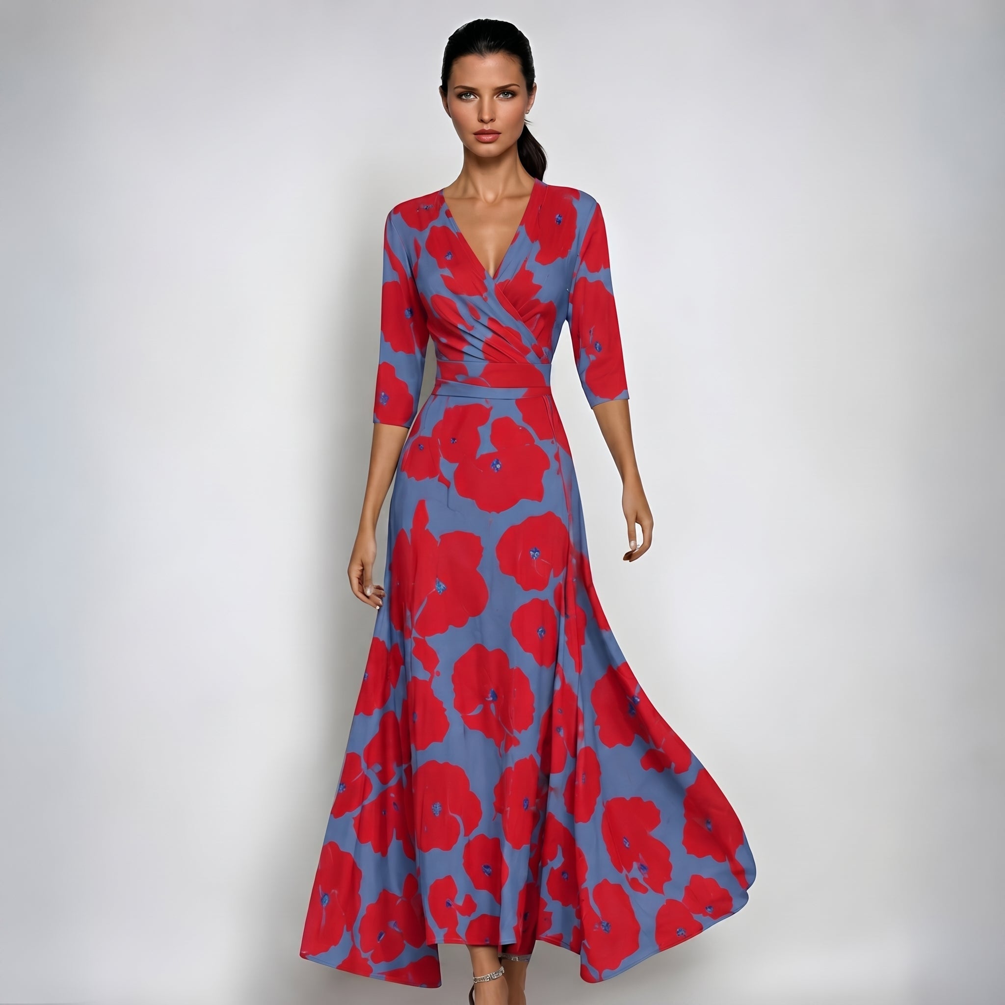 Aloisia - Women's Floral Wrap V-Neck Maxi Dress