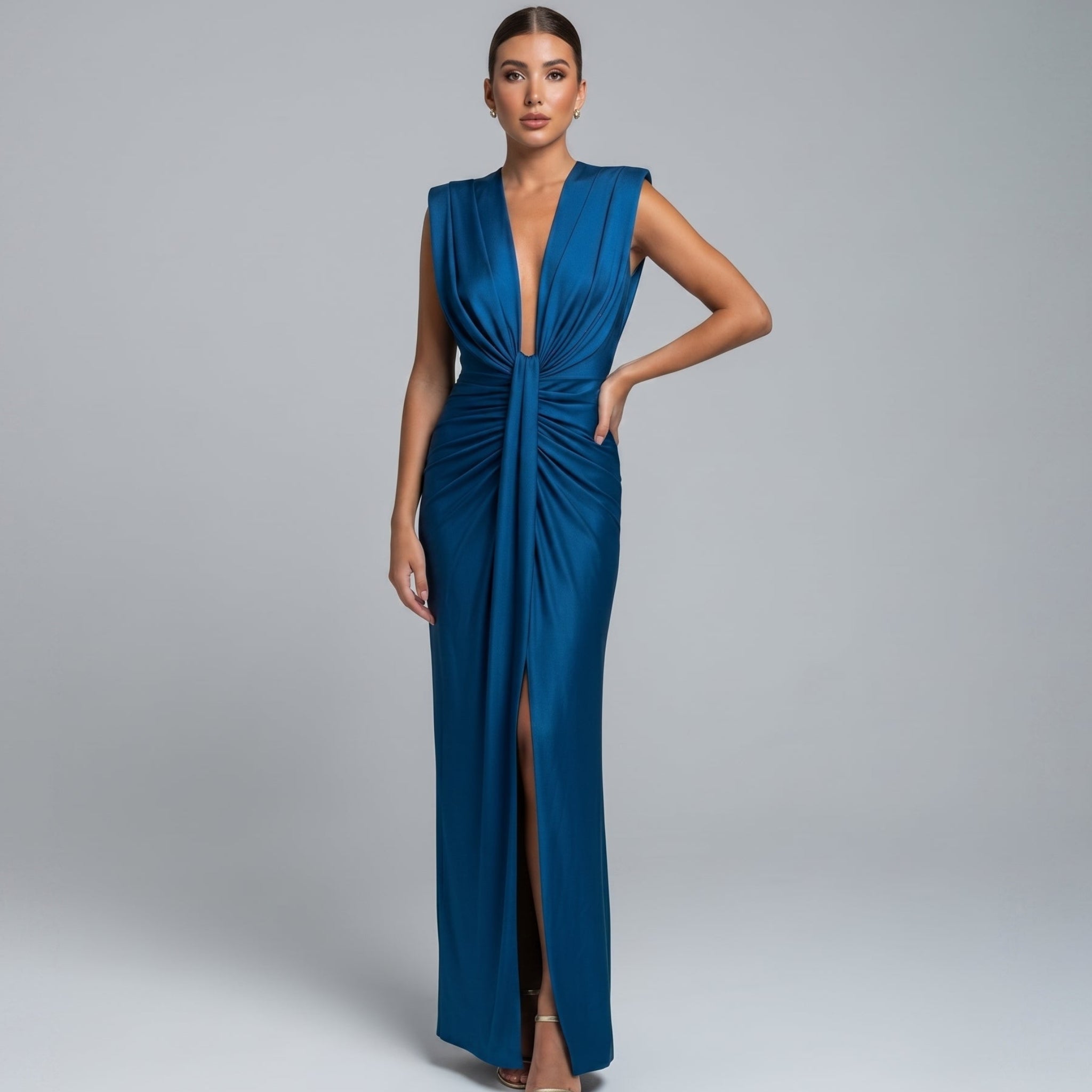 Clara - Women's Wedding Guest Plunge Ruched Maxi Dress