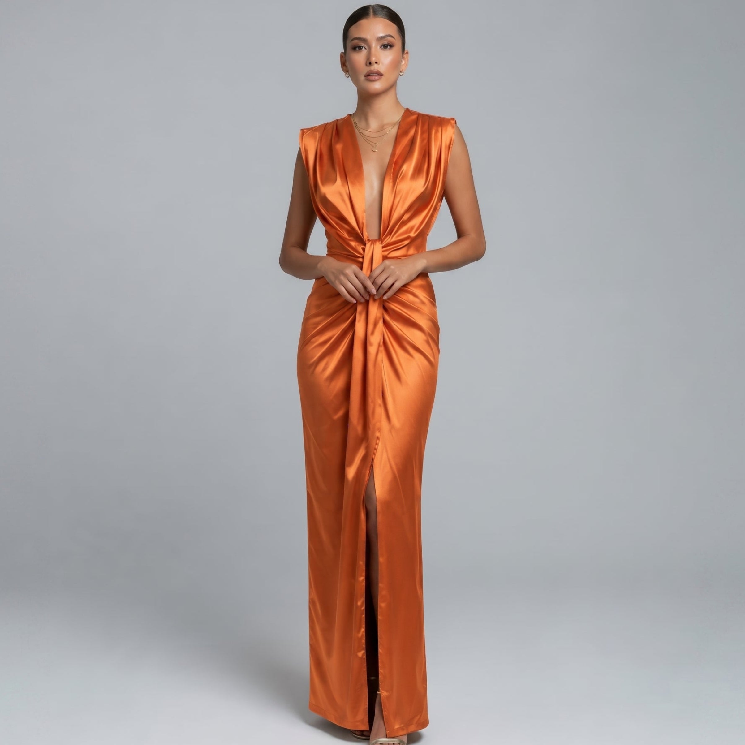 Clara - Women's Wedding Guest Plunge Ruched Maxi Dress