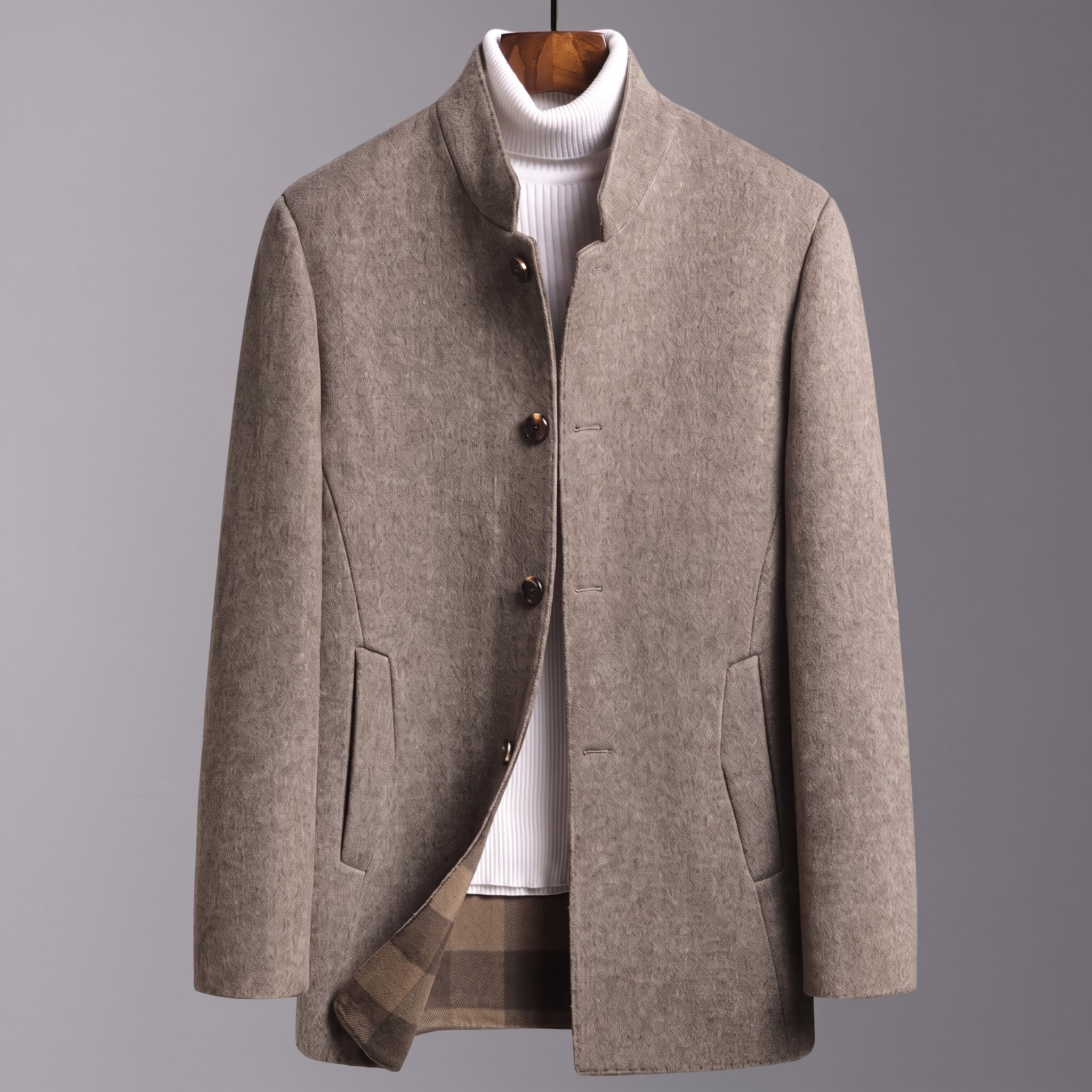 Oliver - Men's Stand Collar Wool Coat with Tartan Lining