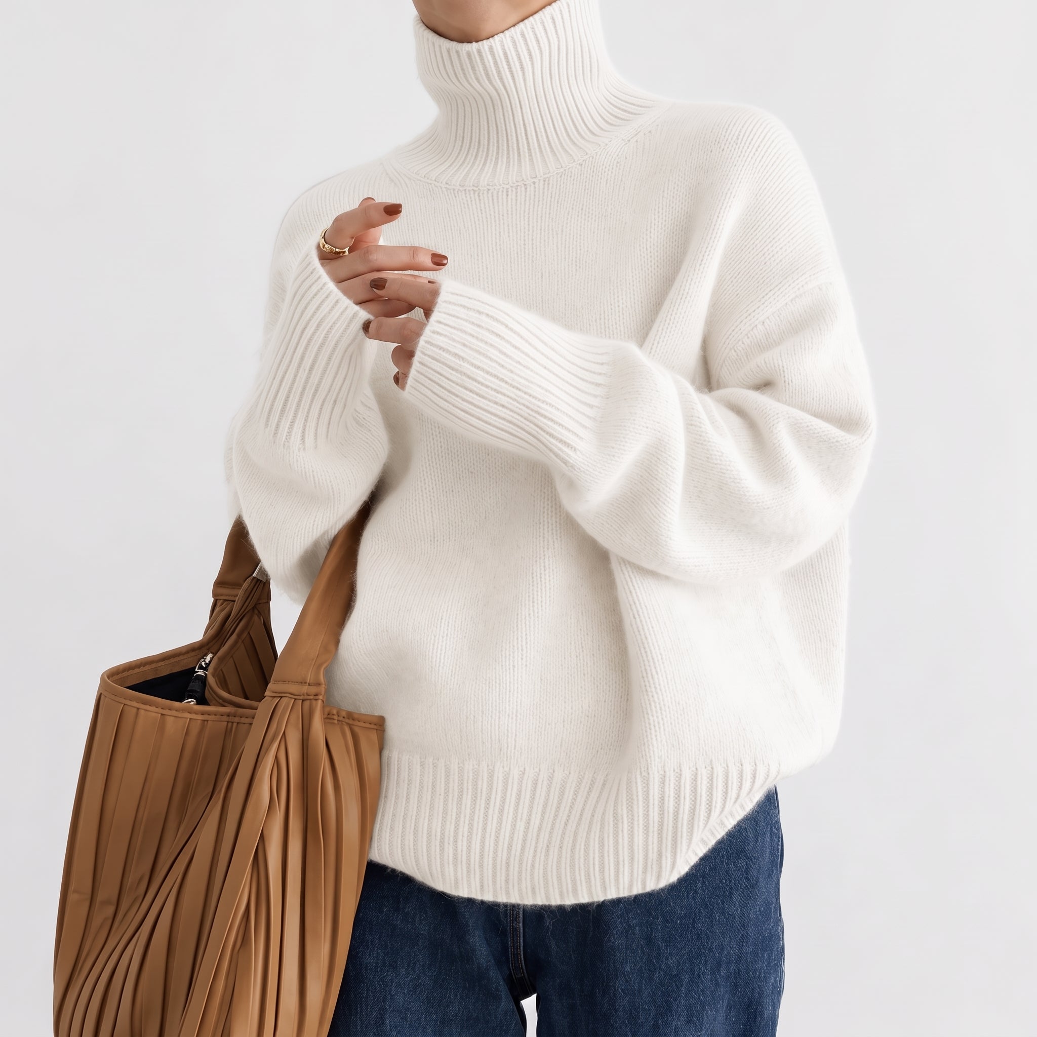 Chloe - Women's Oversized Turtleneck Knit Jumper with Ribbed Cuffs