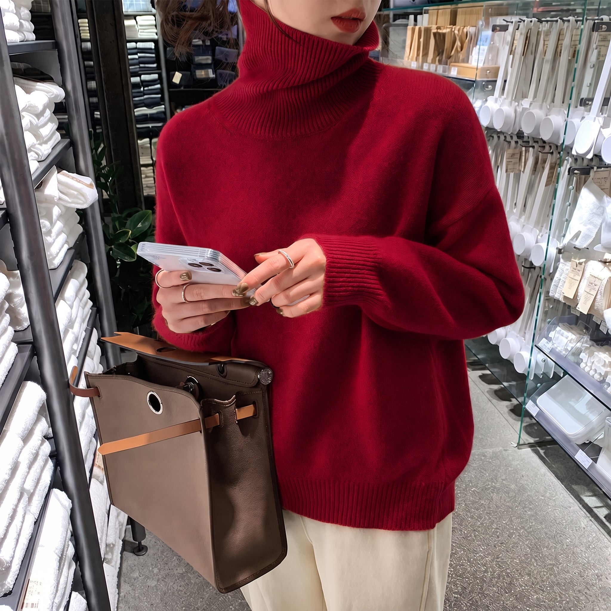 Chloe - Women's Oversized Turtleneck Knit Jumper with Ribbed Cuffs