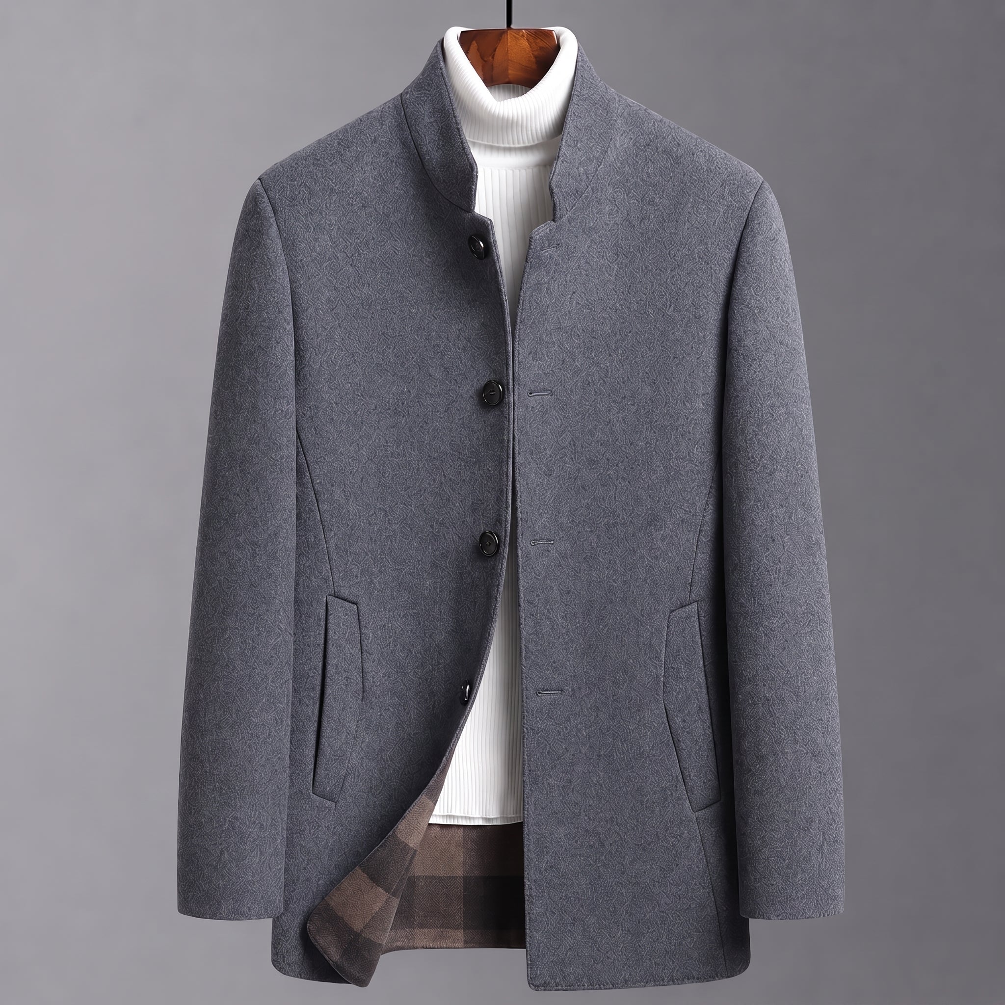 Oliver - Men's Stand Collar Wool Coat with Tartan Lining
