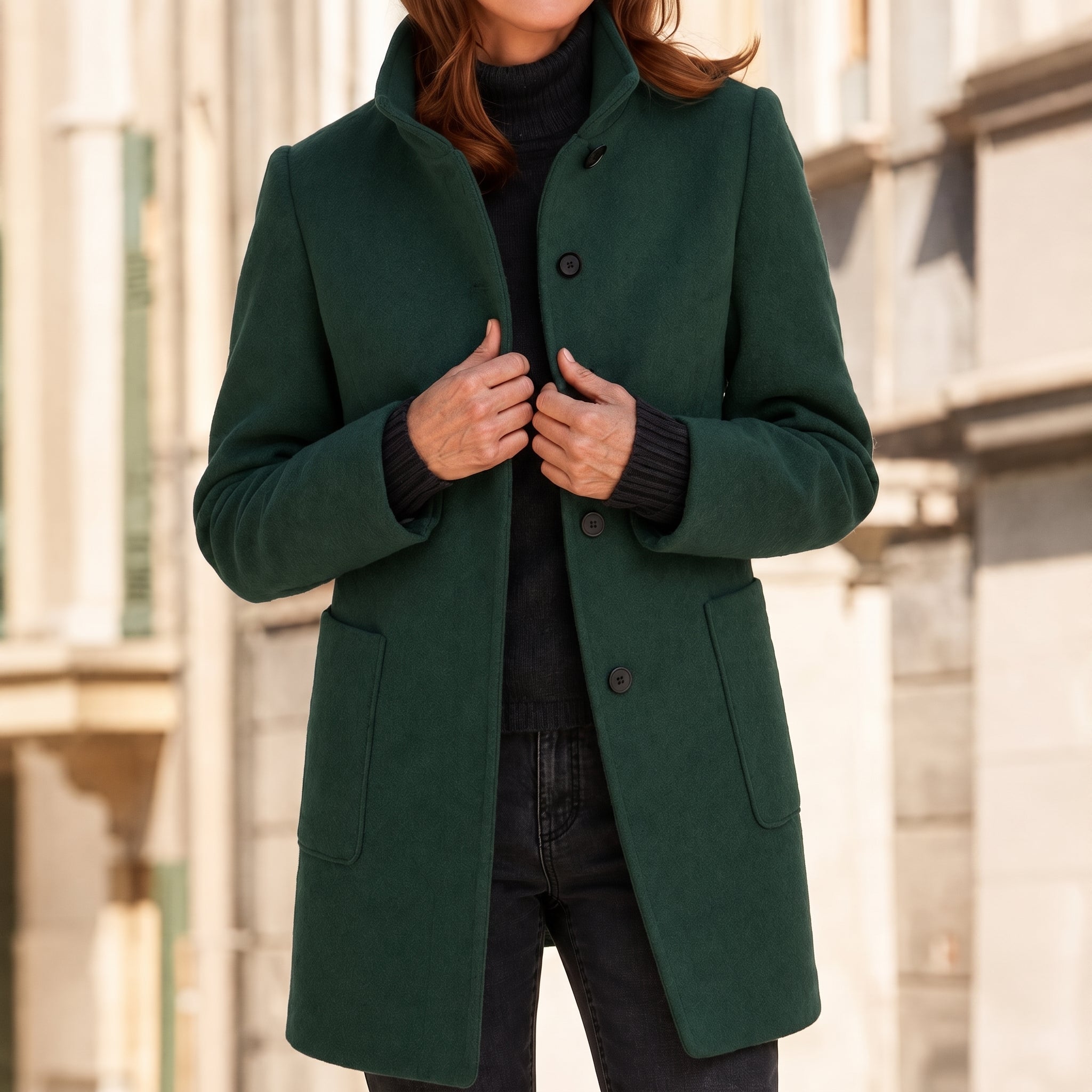 Charlotte - Women's Longline Wool-Look Coat with Stand Collar