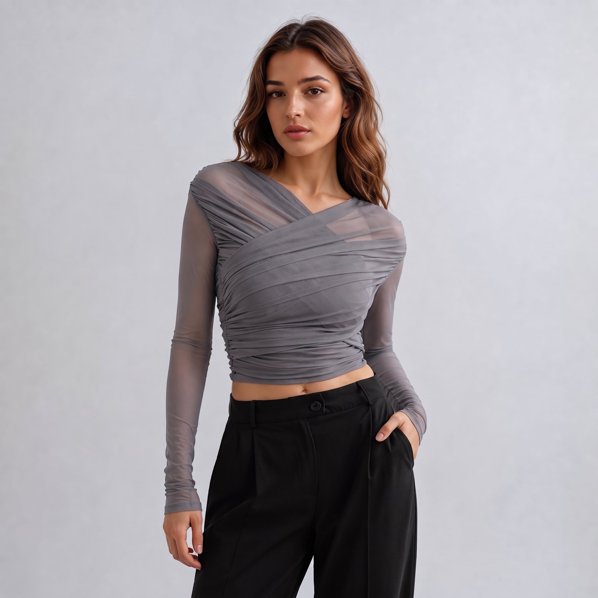 Isabelle - Women's Sheer Mesh Ruched Long Sleeve Crop Top