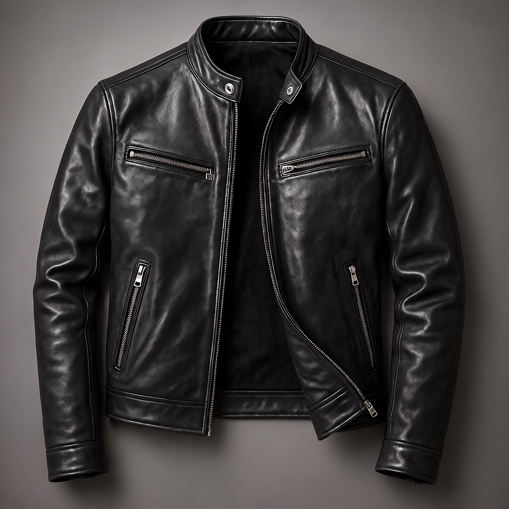 Jack - Men's Leather Biker Jacket with Zip Pockets and Snap Collar