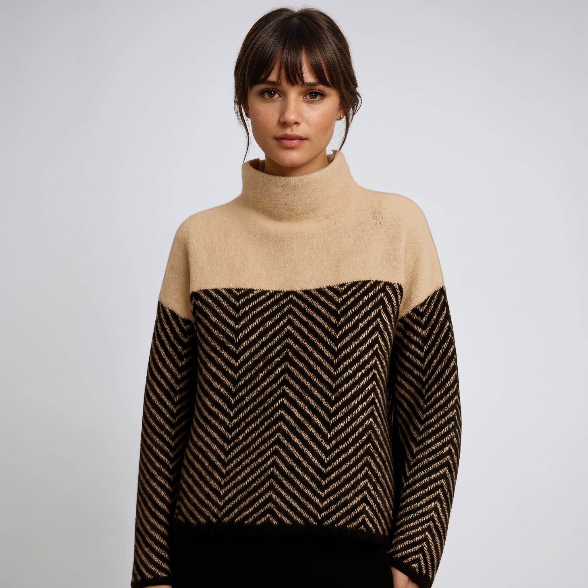 Charlotte - Women's Chevron Turtleneck Jumper with Colour-Block Funnel