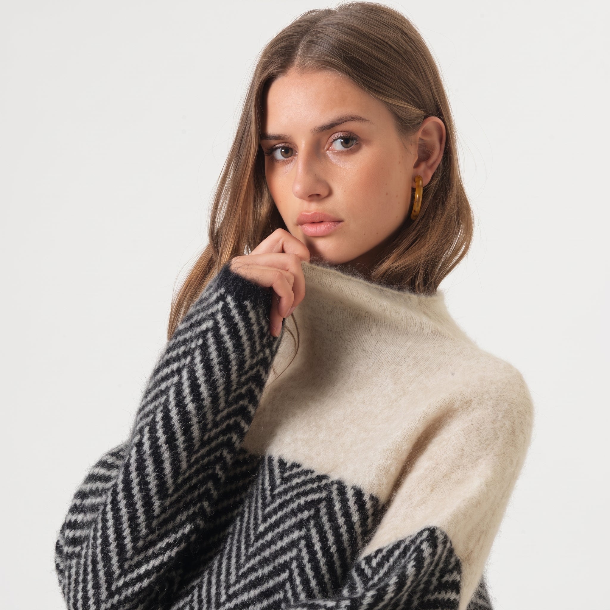 Charlotte - Women's Chevron Turtleneck Jumper with Colour-Block Funnel