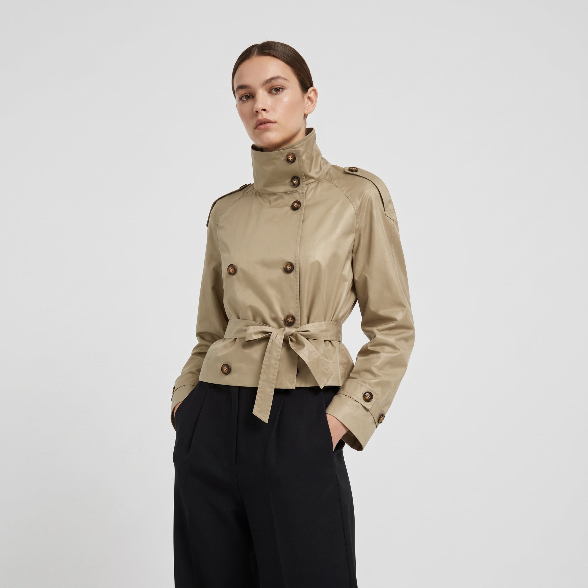 Olivia - Women's Double-Breasted Cropped Trench Jacket with Stand Collar