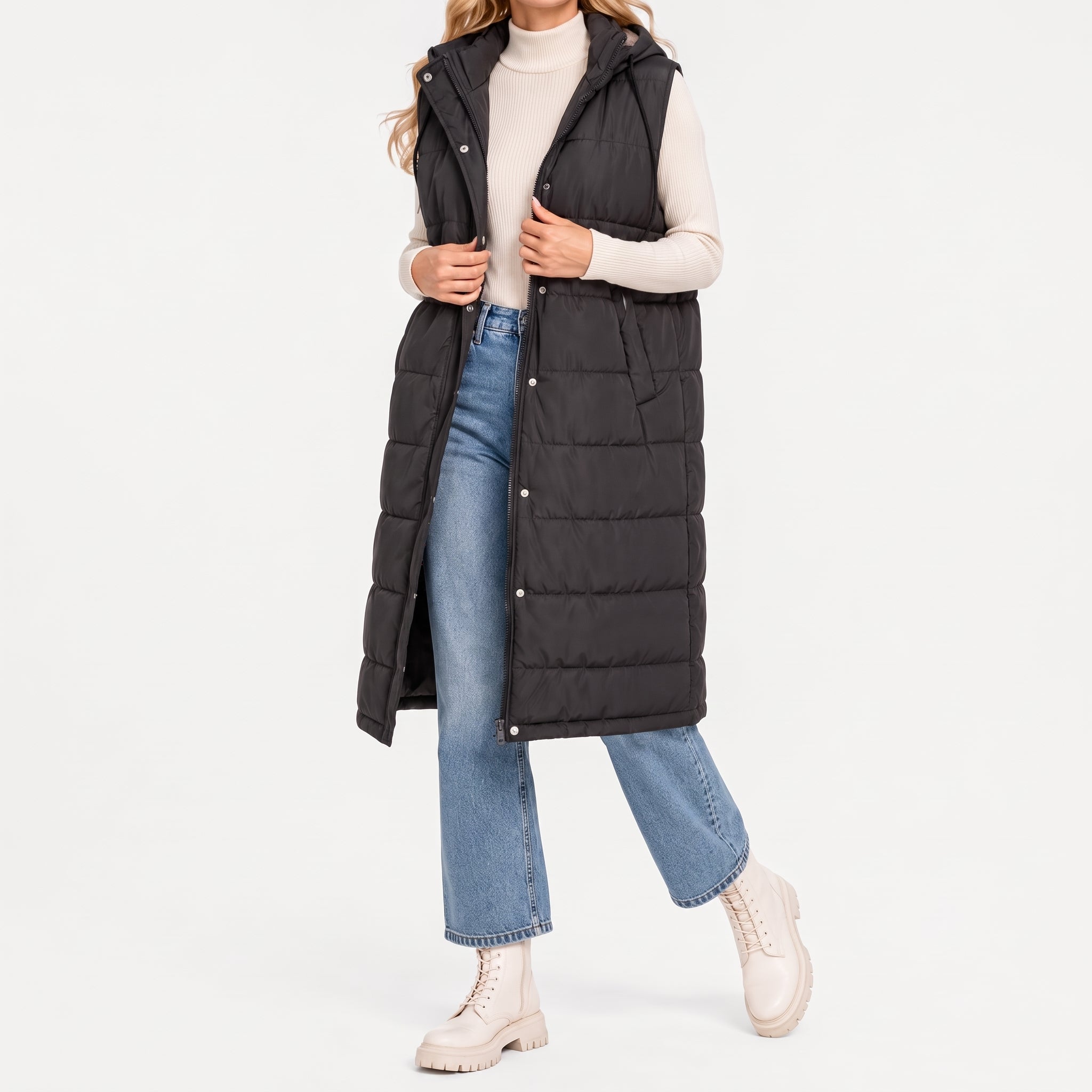 Isla - Women's Longline Hooded Puffer Gilet with Side Pockets