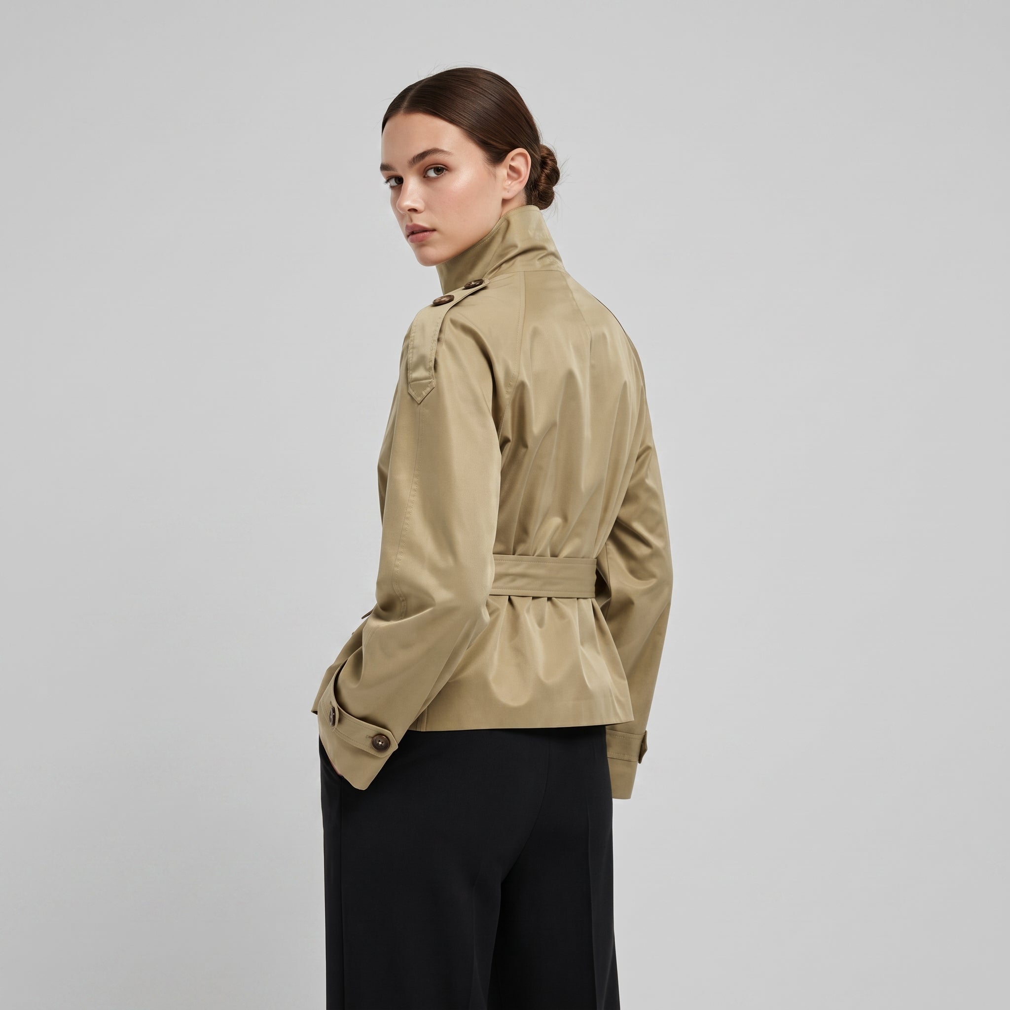 Olivia - Women's Double-Breasted Cropped Trench Jacket with Stand Collar