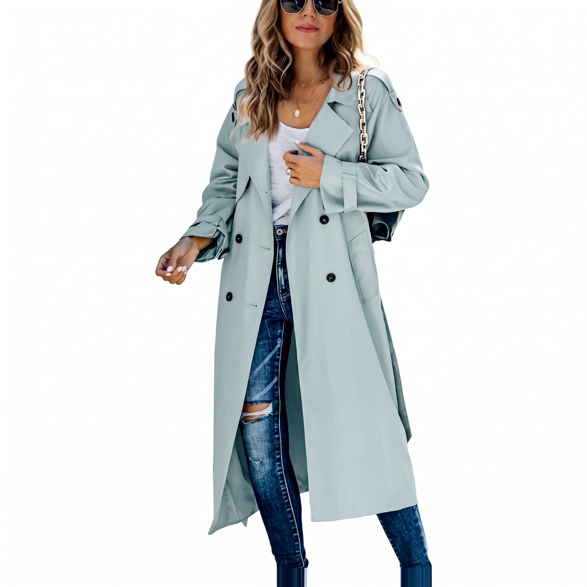 Sophie - Women's Double-Breasted Longline Trench Coat with Belted Waist