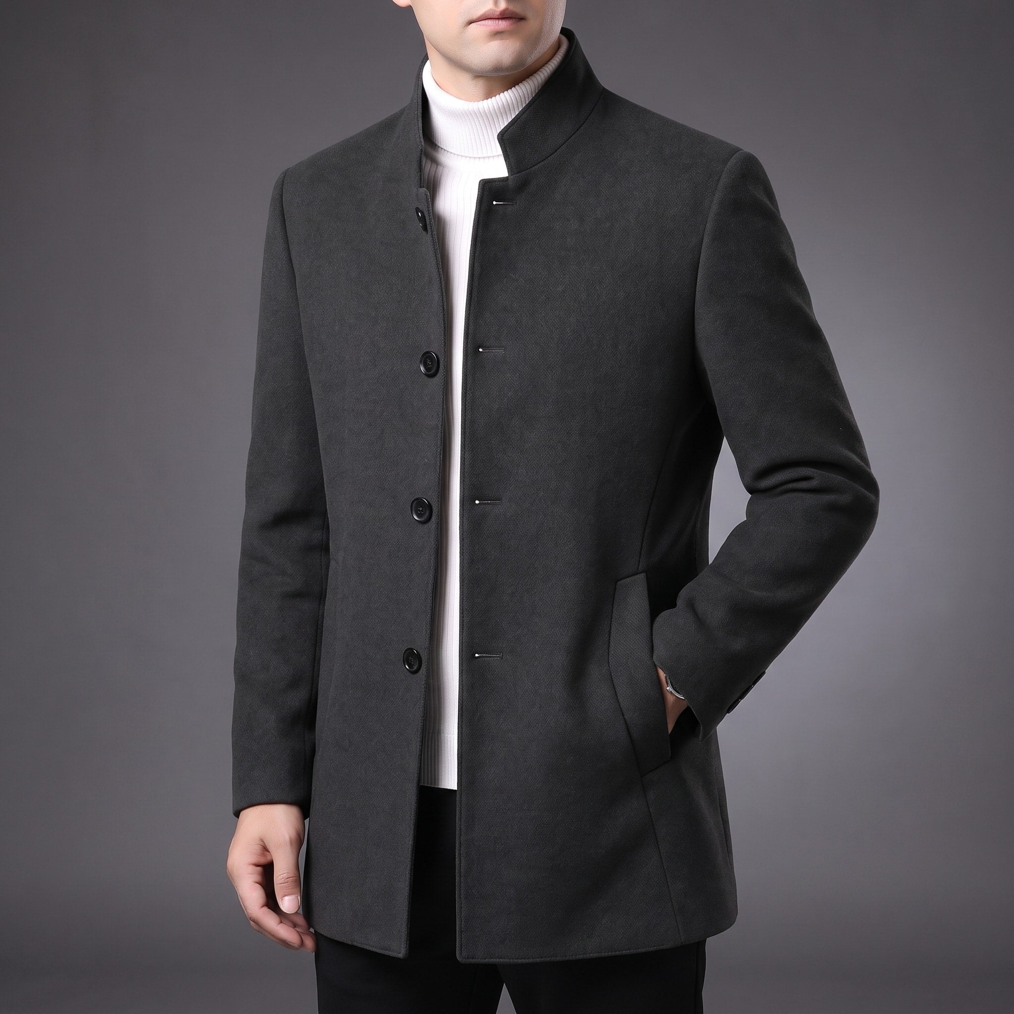 Oliver - Men's Stand Collar Wool Coat with Tartan Lining