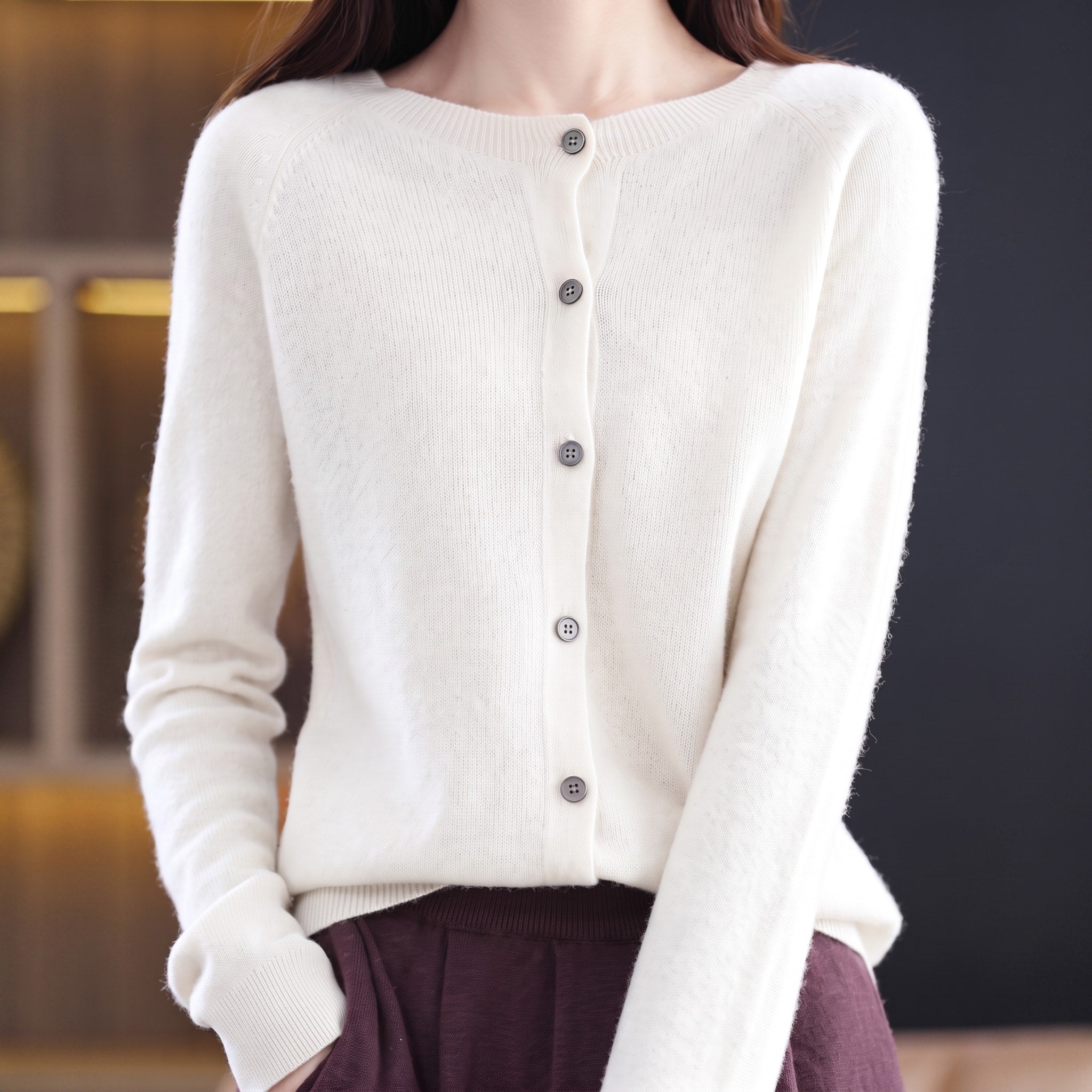 Sophie - Women's Button-Front Knit Cardigan with Crew Neck