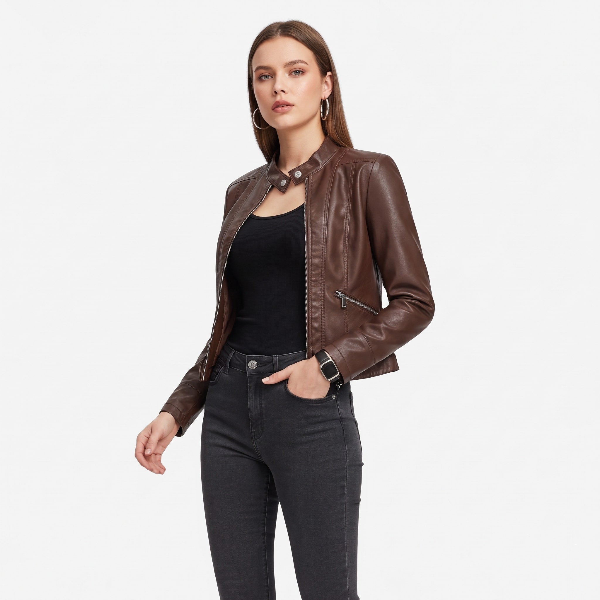 Sophie - Women's Cropped Biker Jacket with Zip Pockets