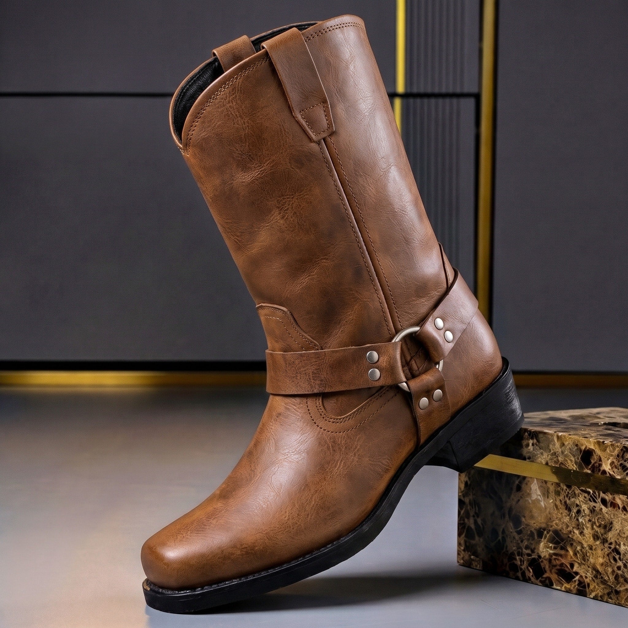 Victor - Men's Harness Boots with Buckle Strap and Block Heel