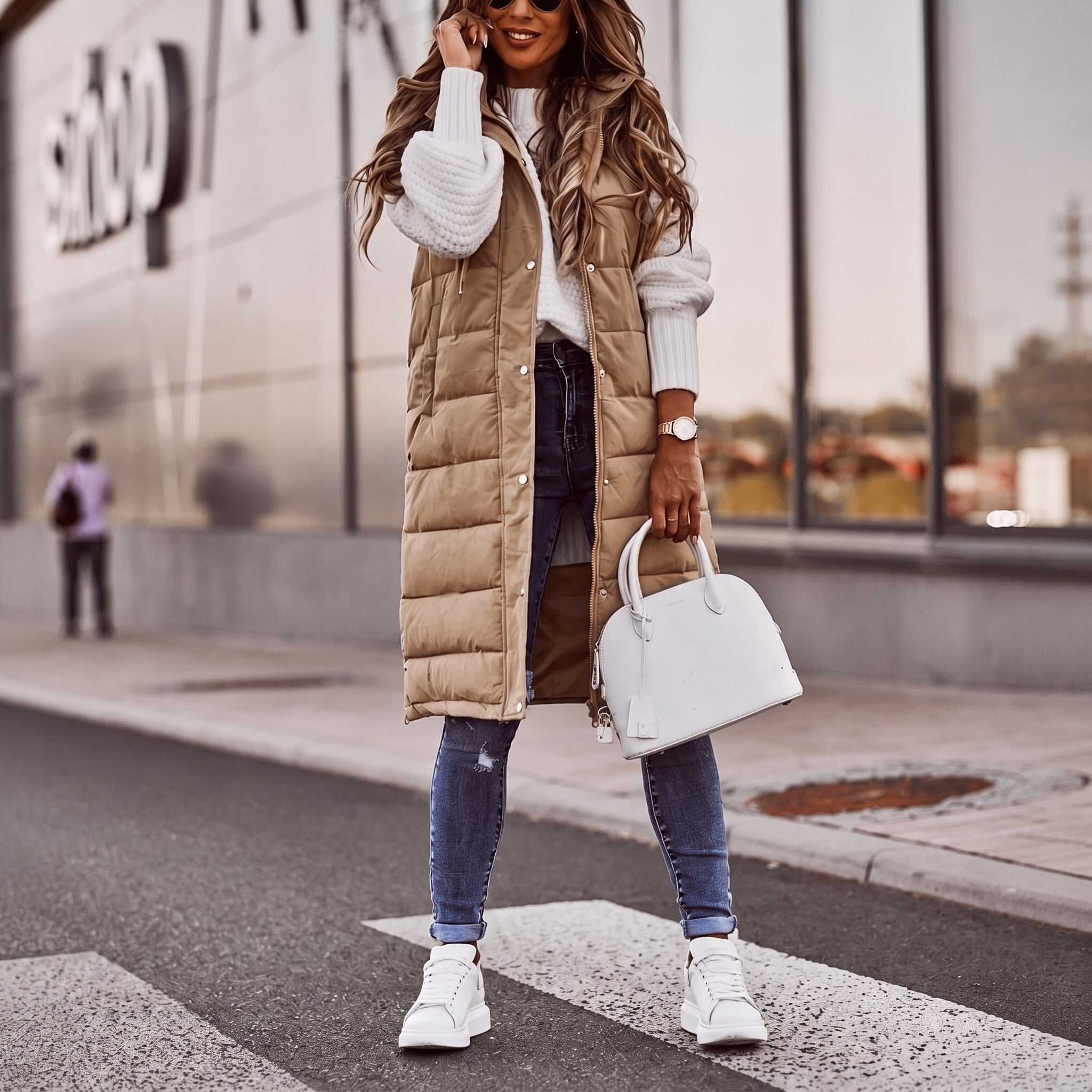 Olivia - Women's Longline Quilted Hooded Gilet with Side Pockets