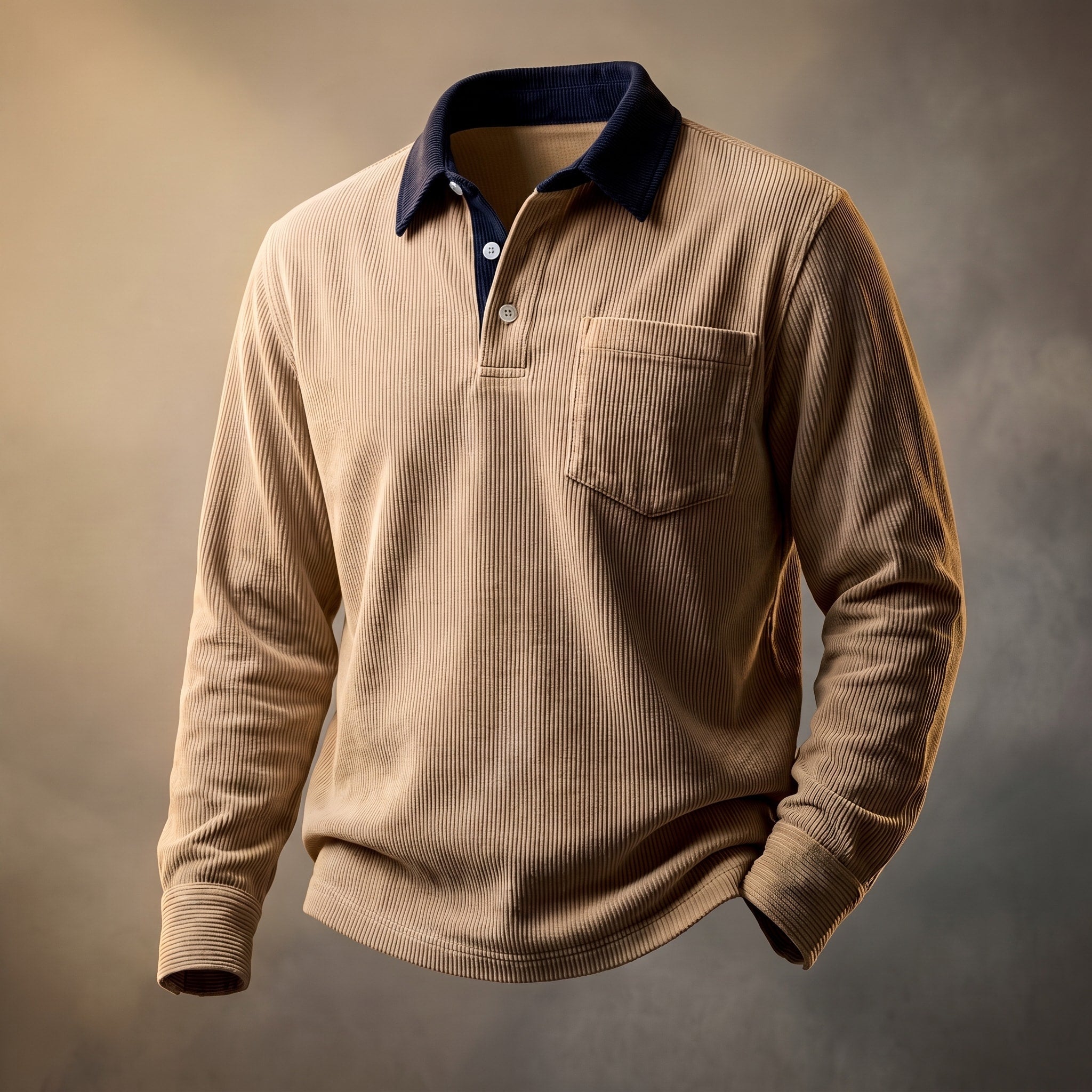 Oliver - Men's Long Sleeve Ribbed Polo Shirt with Chest Pocket and Contrast Collar