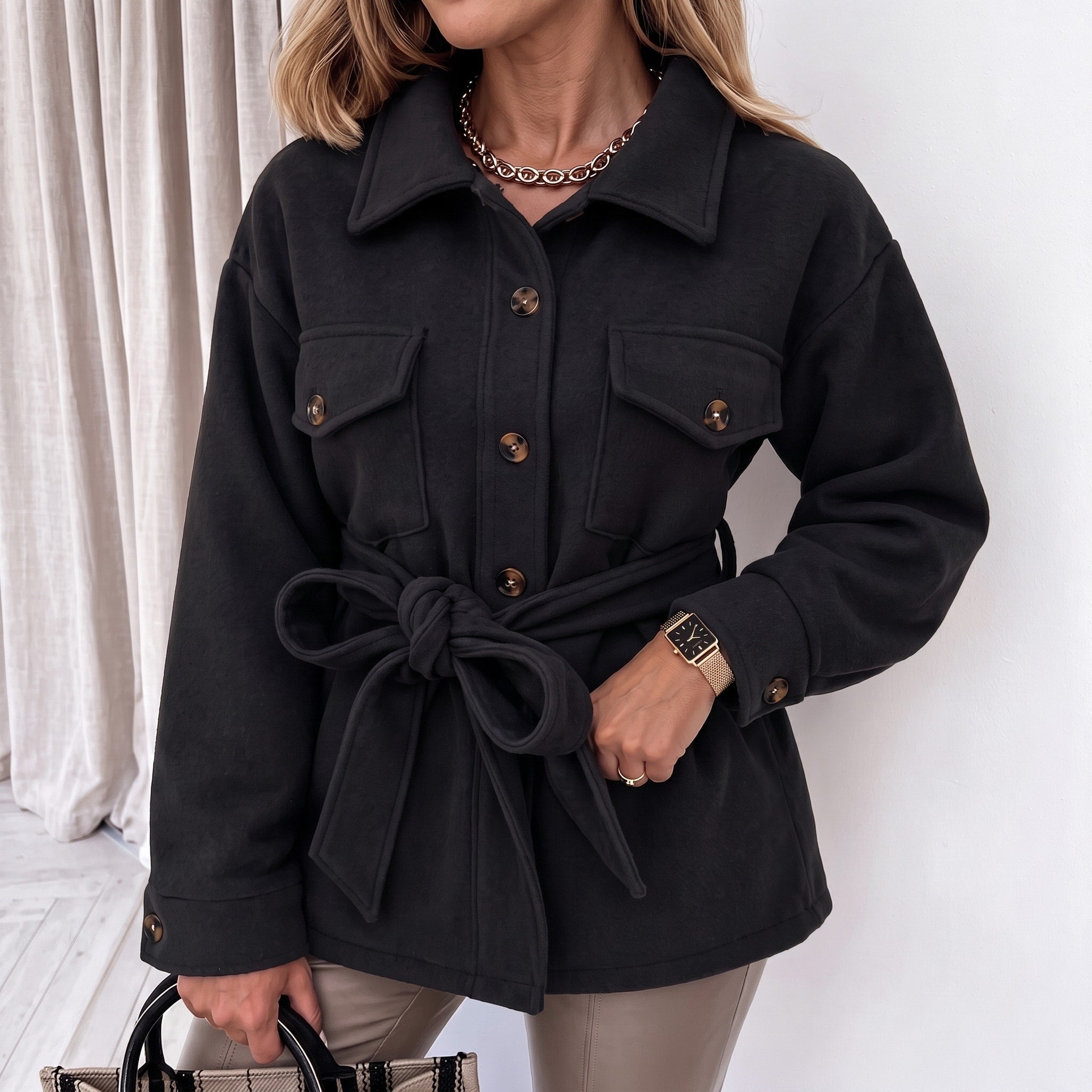 Sophie - Women's Oversized Button-Front Shirt Jacket with Flap Pockets