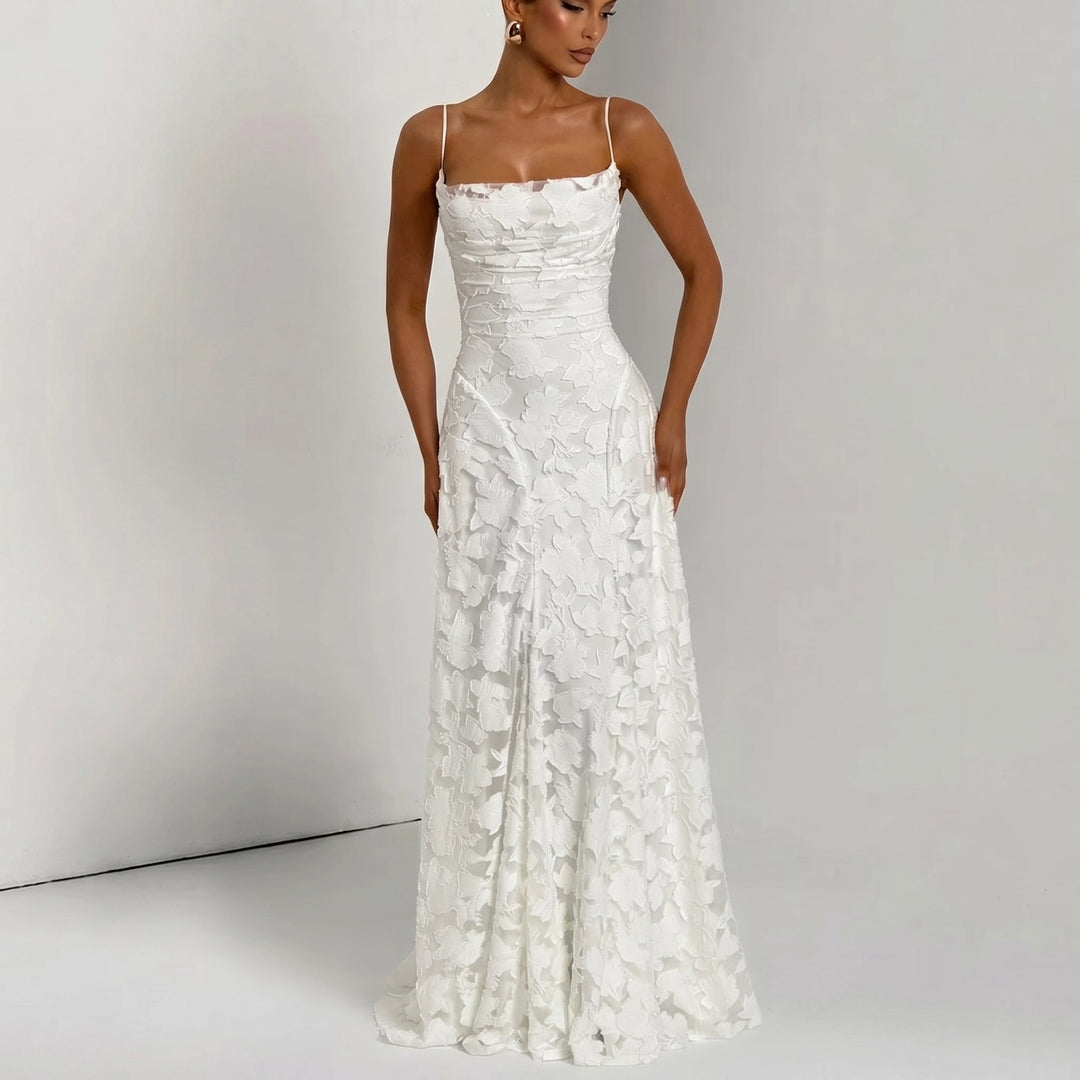 Adele - Women's Evening Spaghetti Strap Maxi Dress - Maxi Dresses - White - Davies & Cooper