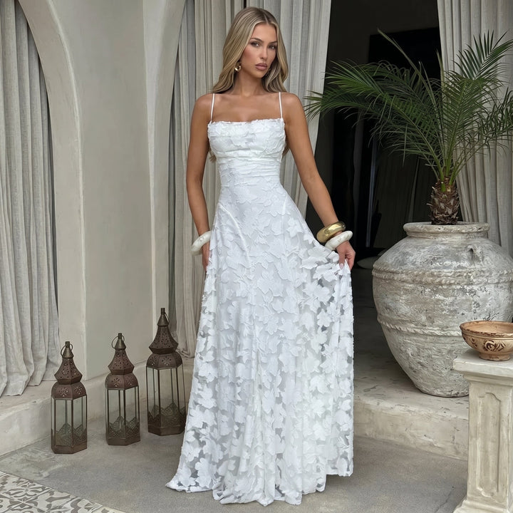 Adele - Women's Evening Spaghetti Strap Maxi Dress - Maxi Dresses - White - Davies & Cooper