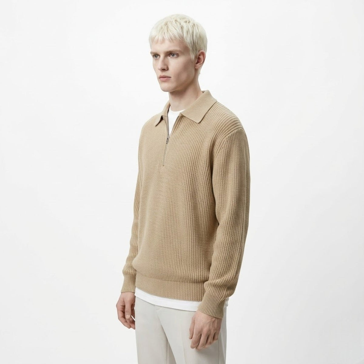 Adrian – Men's Wool Zipped Pullover - Sweater - Khaki - Davies & Cooper