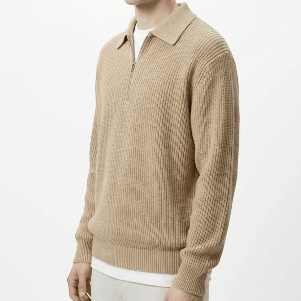 Adrian – Men's Wool Zipped Pullover - Sweater - Khaki - Davies & Cooper
