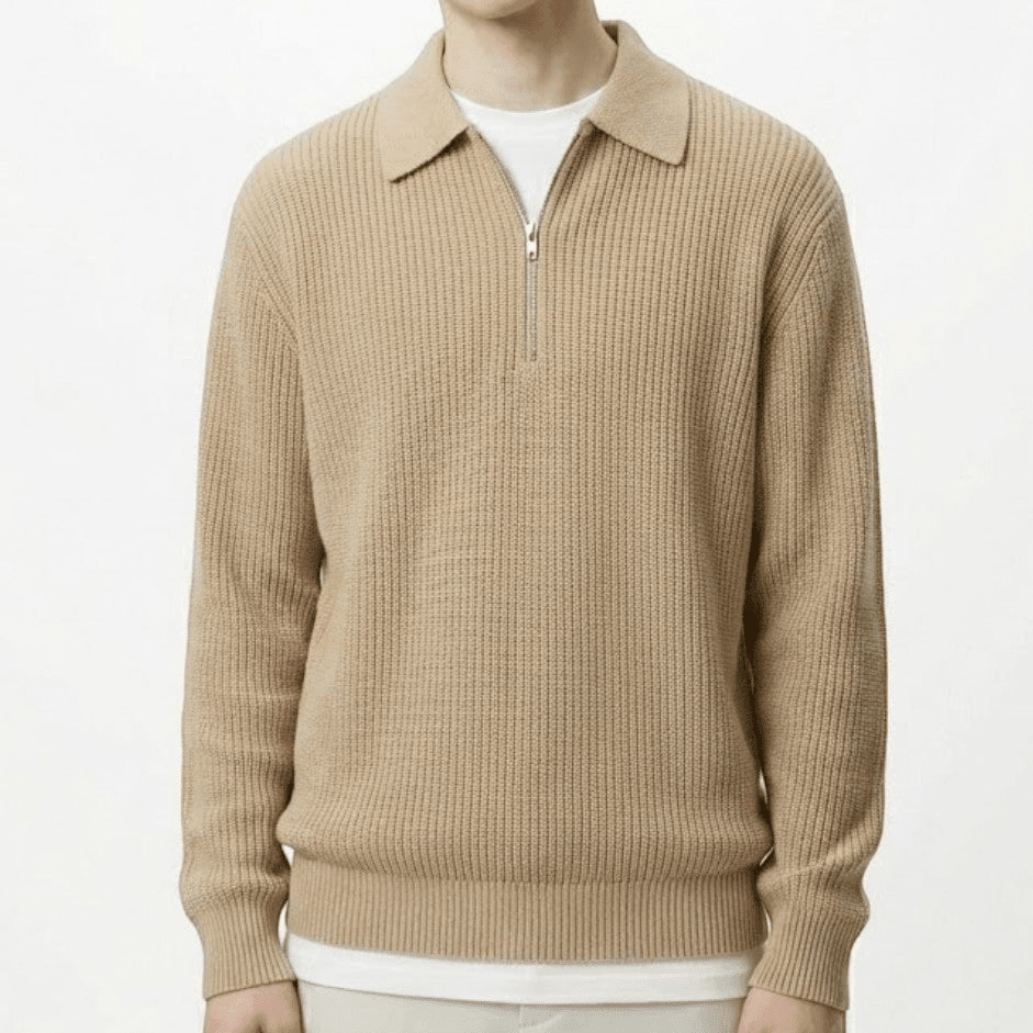 Adrian – Men's Wool Zipped Pullover - Sweater - Khaki - Davies & Cooper