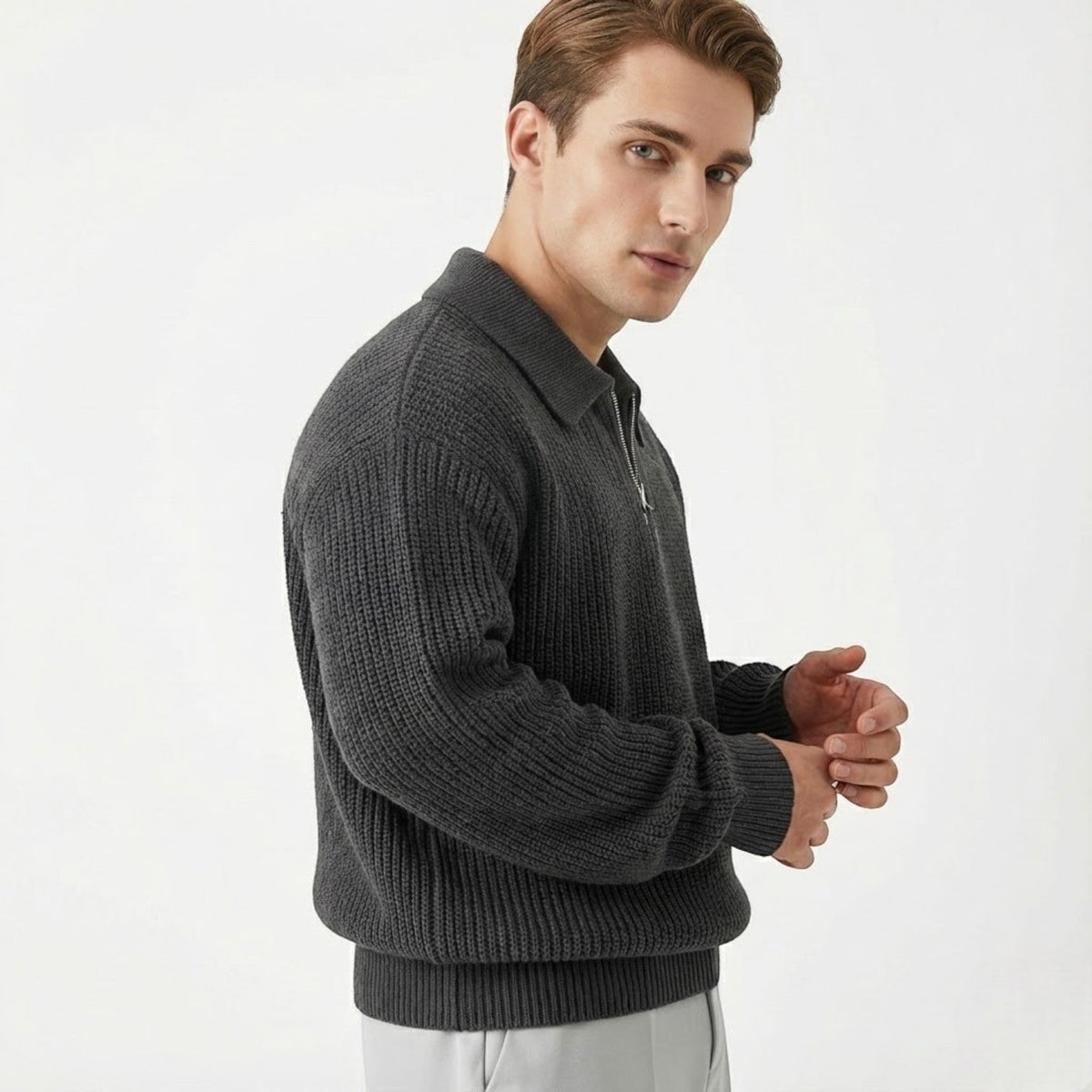 Adrian – Men's Wool Zipped Pullover - Sweater - Black - Davies & Cooper