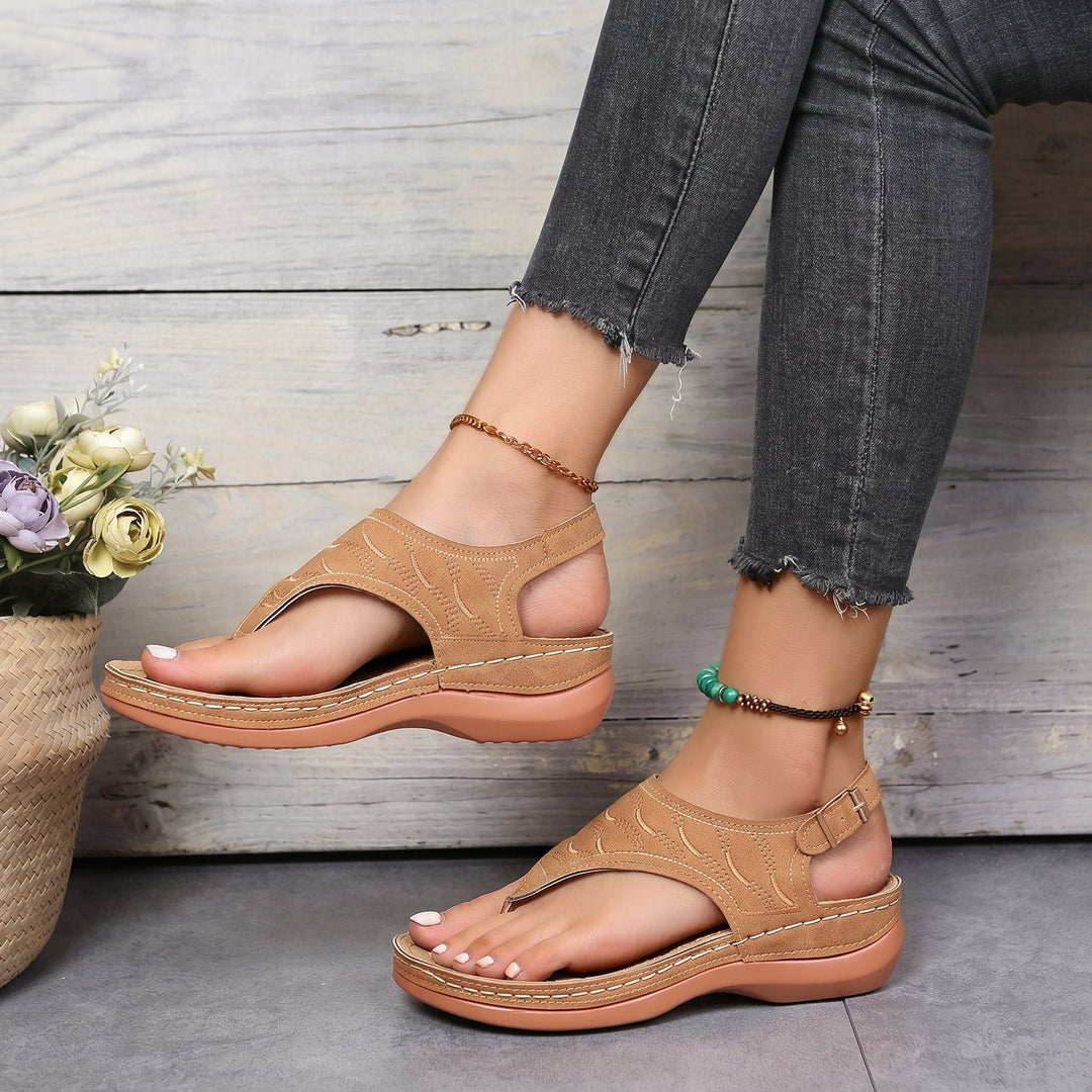 Agnes - Women's Orthopaedic Toe Post Wedge Sandals - Sandals - Brown - Davies & Cooper