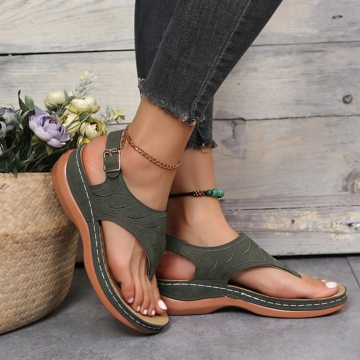 Agnes - Women's Orthopaedic Toe Post Wedge Sandals - Sandals - Army Green - Davies & Cooper