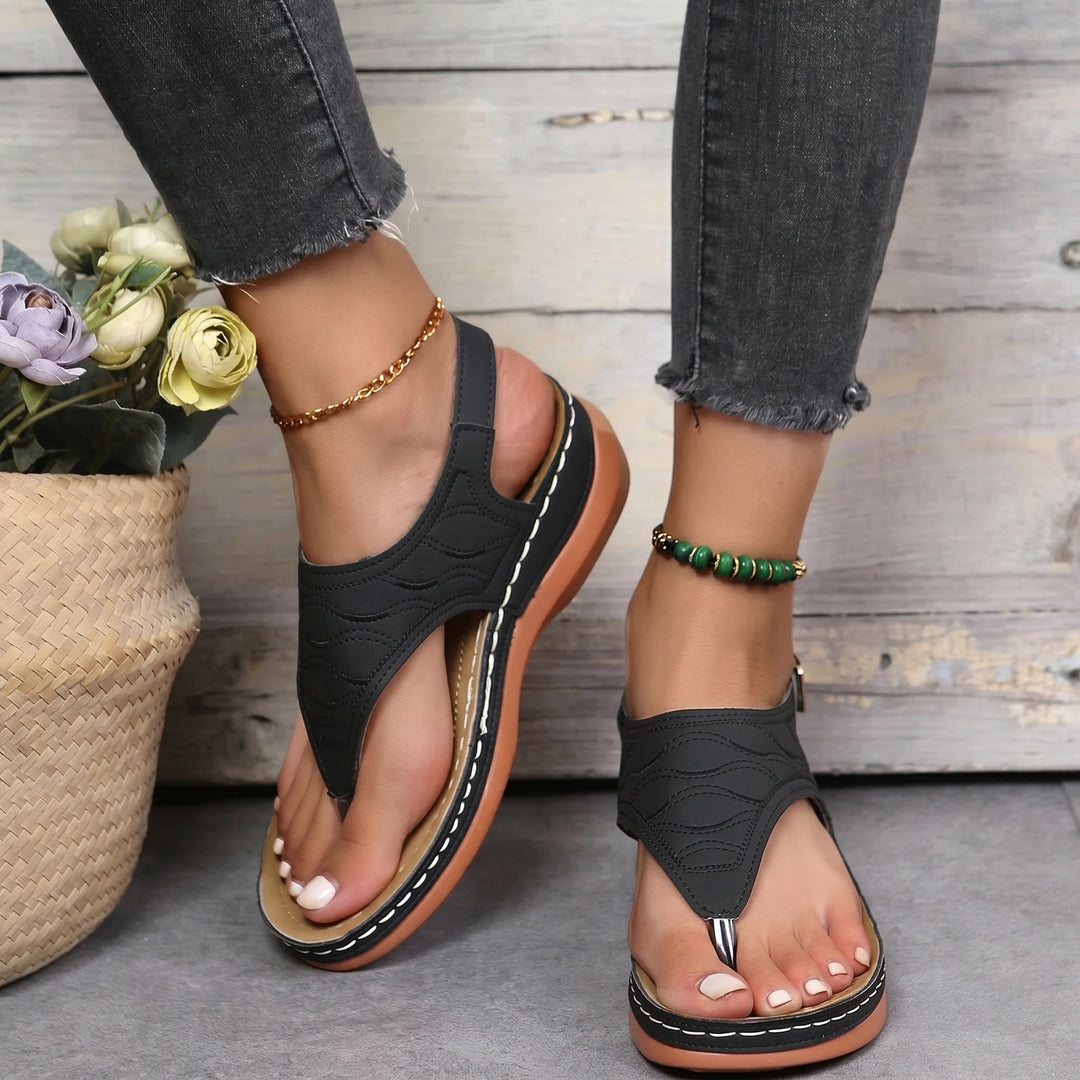 Agnes - Women's Orthopaedic Toe Post Wedge Sandals - Sandals - Black - Davies & Cooper