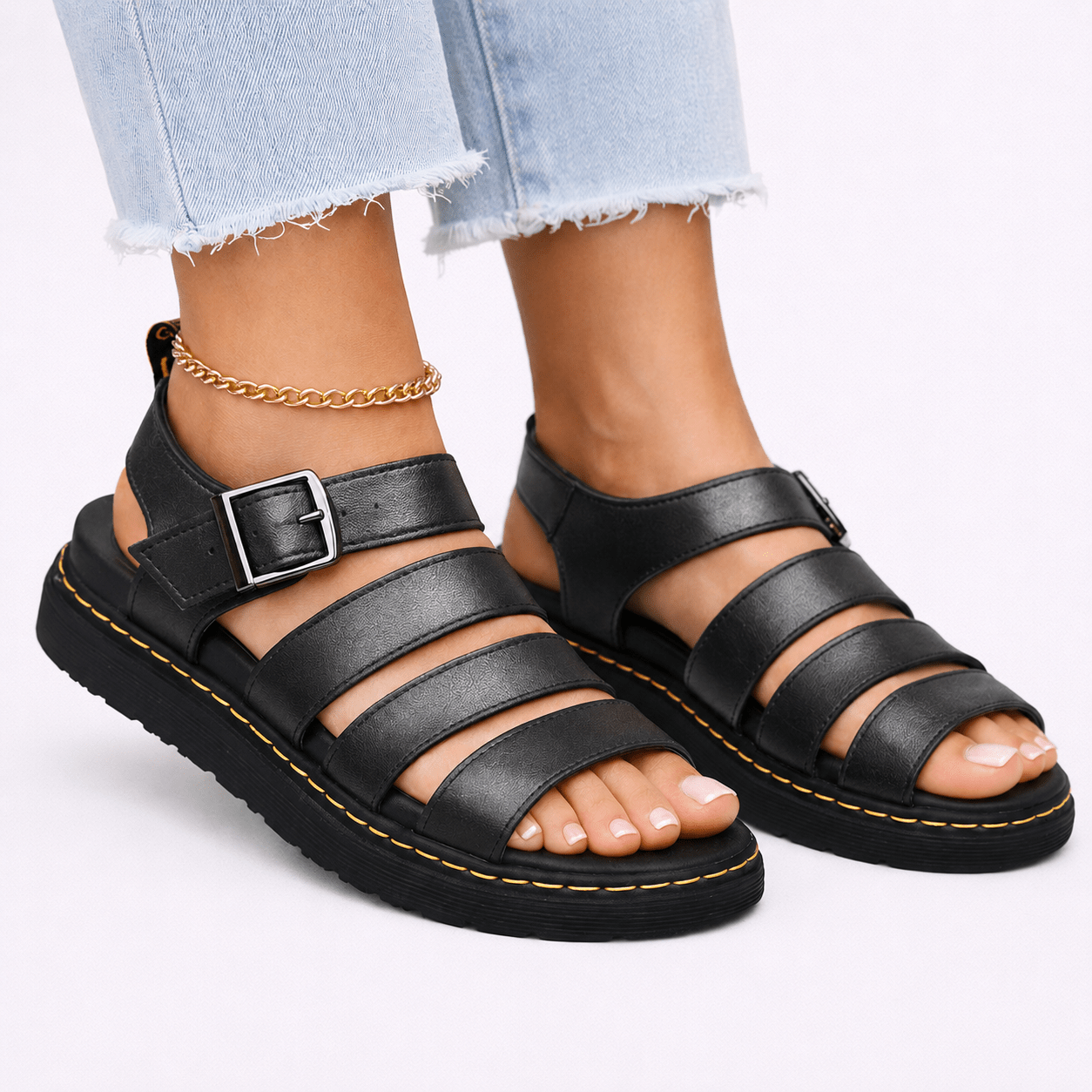 Agnes - Women's Summer Ankle Buckle Multi-Strap Sandals - Sandals - Black - Davies & Cooper