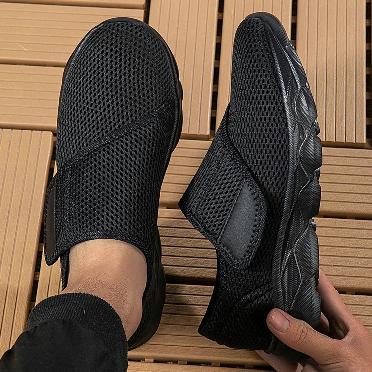 Alan - Unisex Orthopaedic Slip-On Trainers with Adjustable Strap - Sneakers - Black - Davies & Cooper