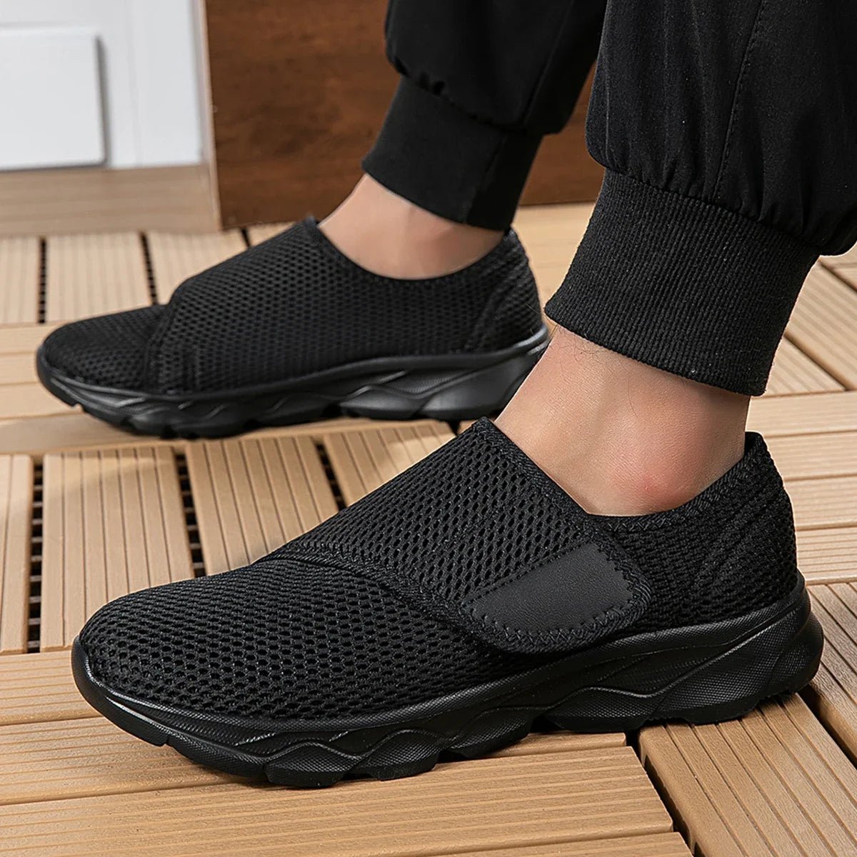 Alan - Unisex Orthopaedic Slip-On Trainers with Adjustable Strap - Sneakers - Black - Davies & Cooper