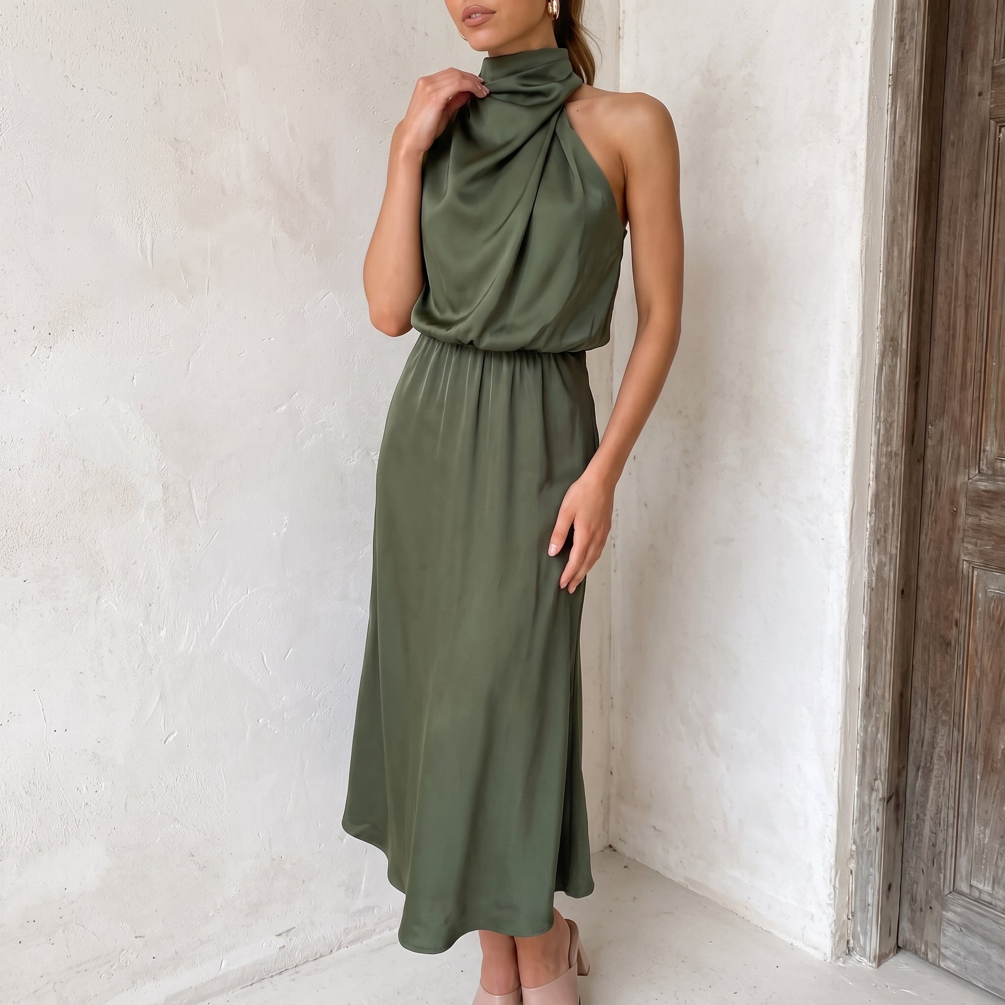 Alfreda - Women's Wedding Guest Halter Neck Midi Dress - Dresses - Green - Davies & Cooper