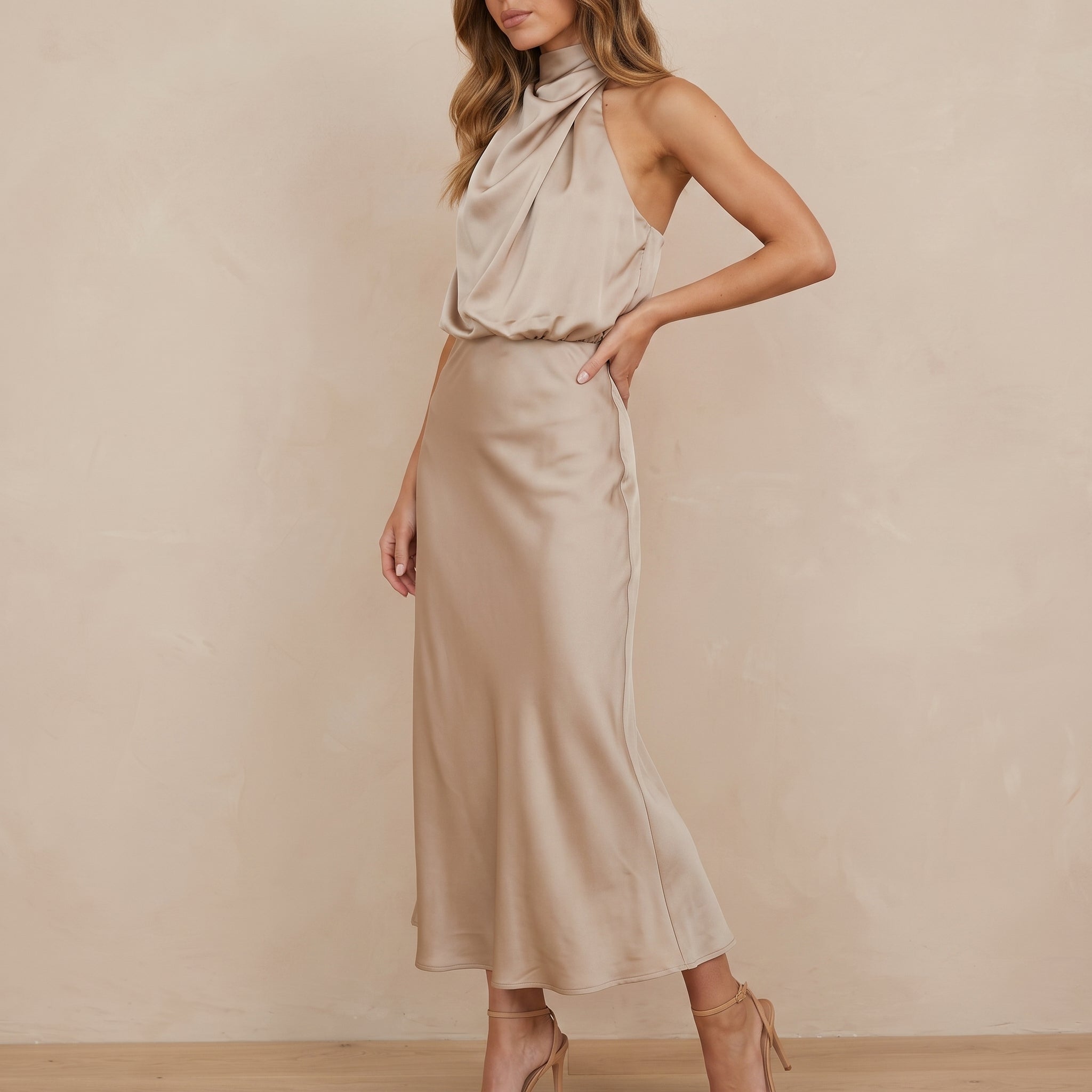Alfreda - Women's Wedding Guest Halter Neck Midi Dress - Dresses - Champagne - Davies & Cooper