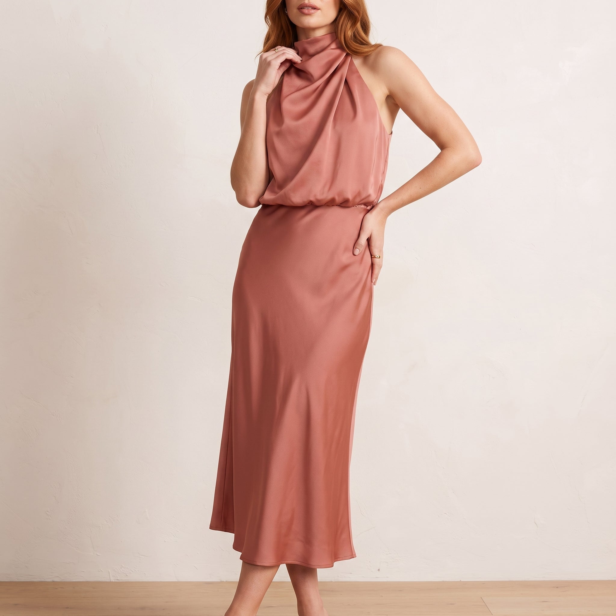 Alfreda - Women's Wedding Guest Halter Neck Midi Dress - Dresses - Peach - Davies & Cooper