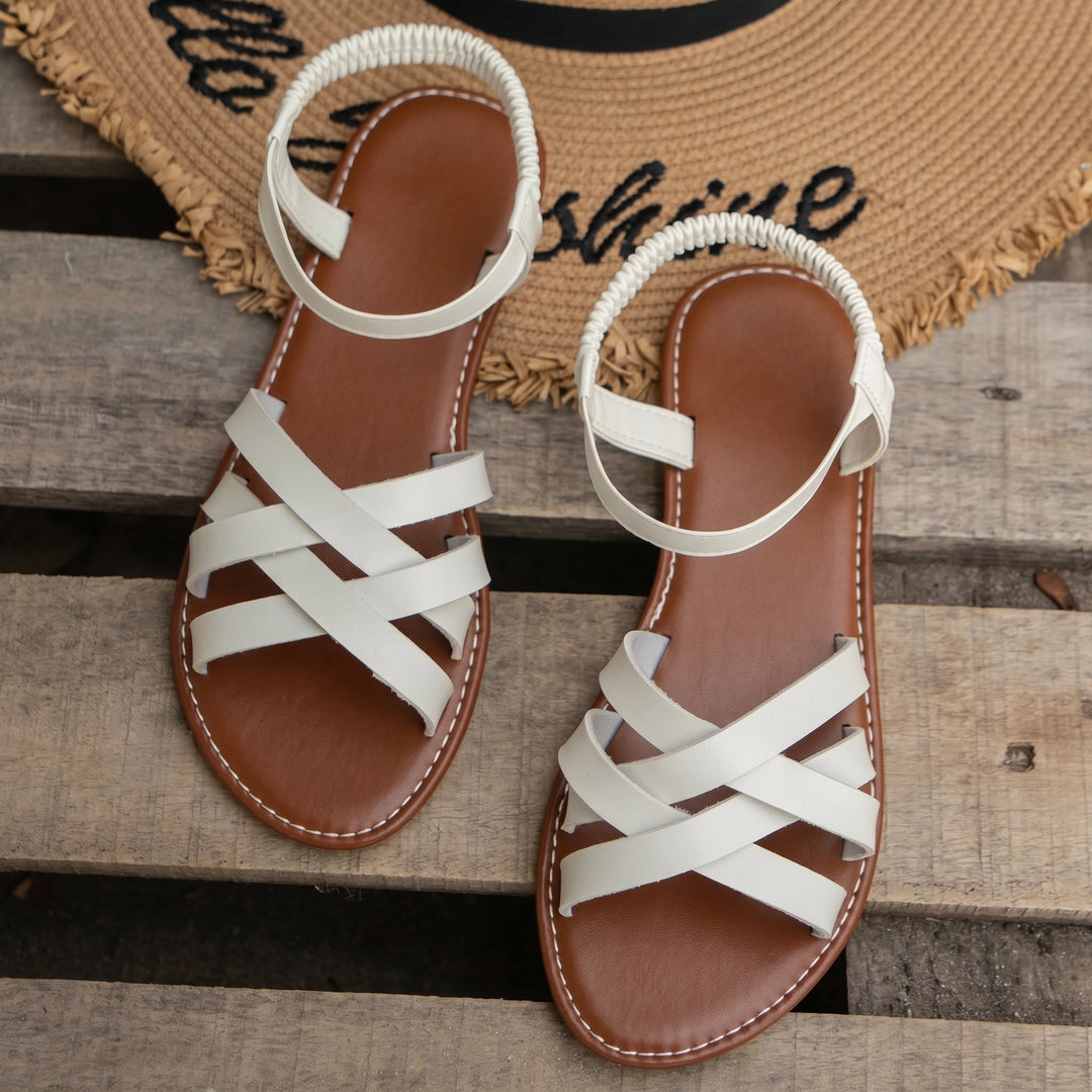 Alice - Women's Flat Cross - Strap Ankle Buckle Sandals - Sandals - White - Davies & Cooper