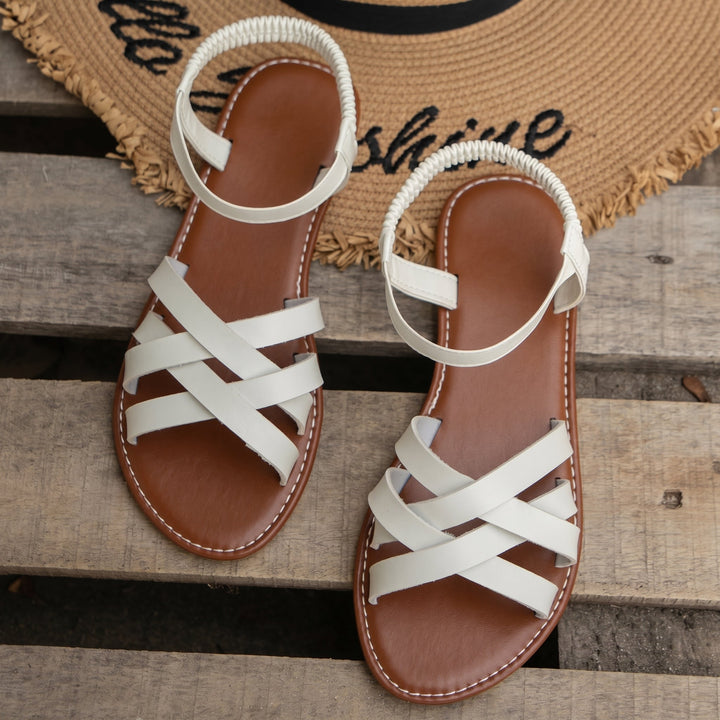Alice - Women's Flat Cross - Strap Ankle Buckle Sandals - Sandals - White - Davies & Cooper