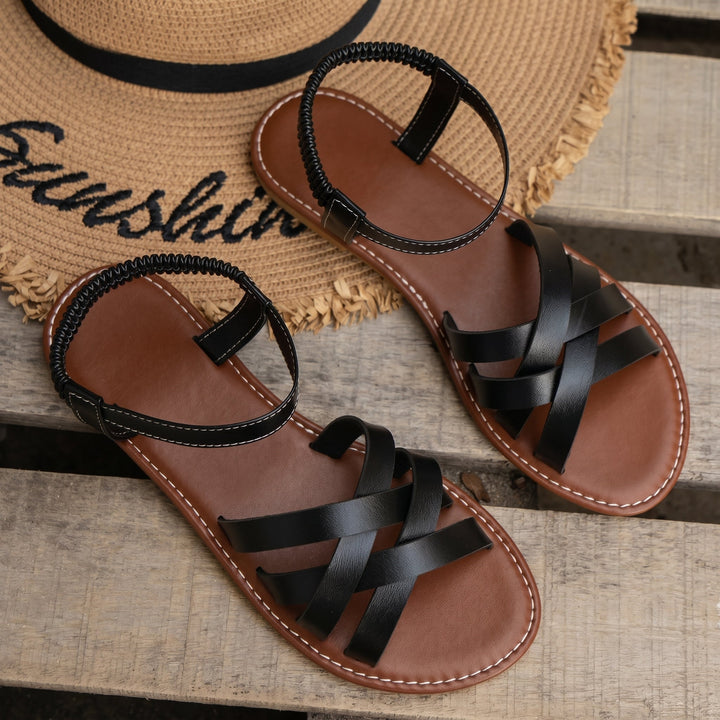 Alice - Women's Flat Cross - Strap Ankle Buckle Sandals - Sandals - Black - Davies & Cooper