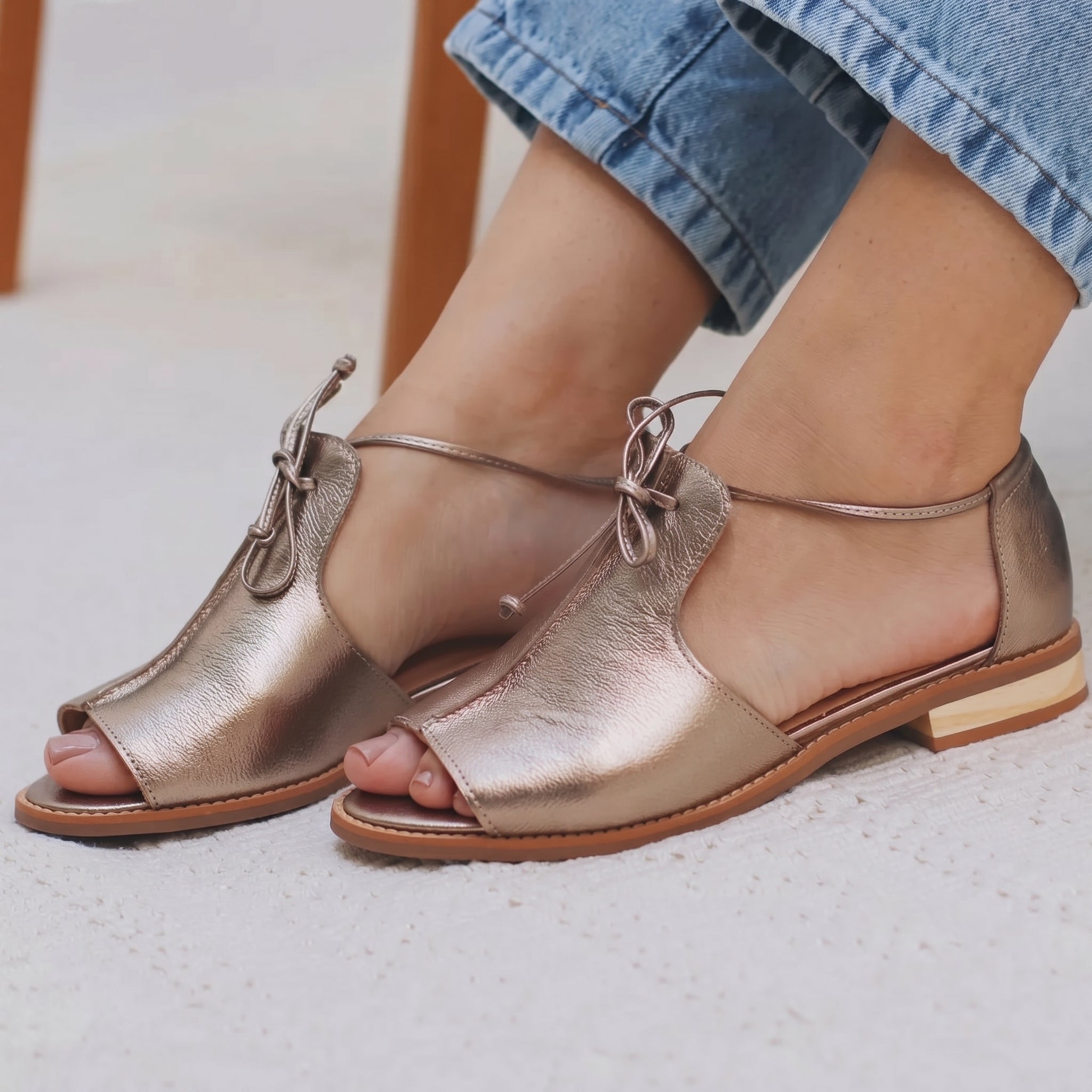 Alice - Women's Flat Open - Toe Sandals with Lace - Up Ankle Strap - Sandals - Champagne - Davies & Cooper