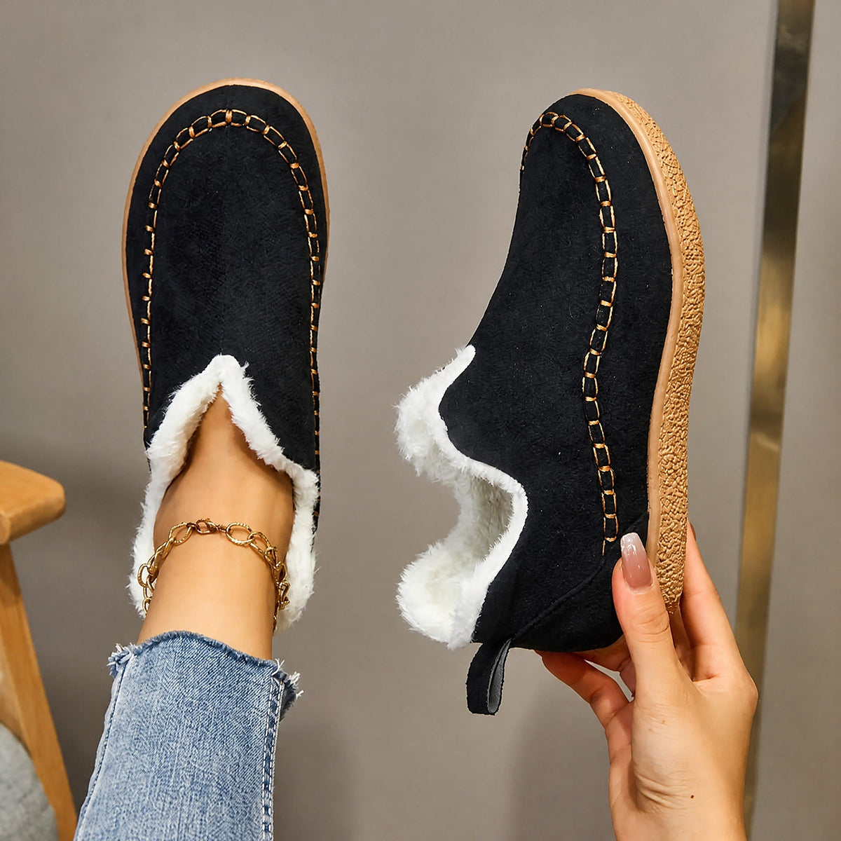 Alice - Women's Fleece-Lined Ankle Boots with Stitch Detail - Boots - Black - Davies & Cooper
