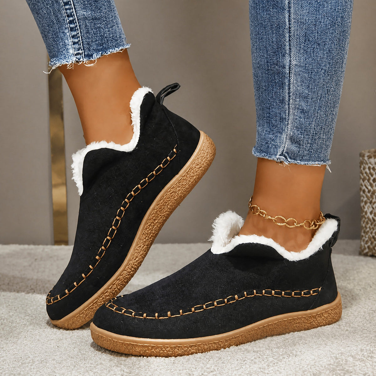 Alice - Women's Fleece-Lined Ankle Boots with Stitch Detail - Boots - Black - Davies & Cooper