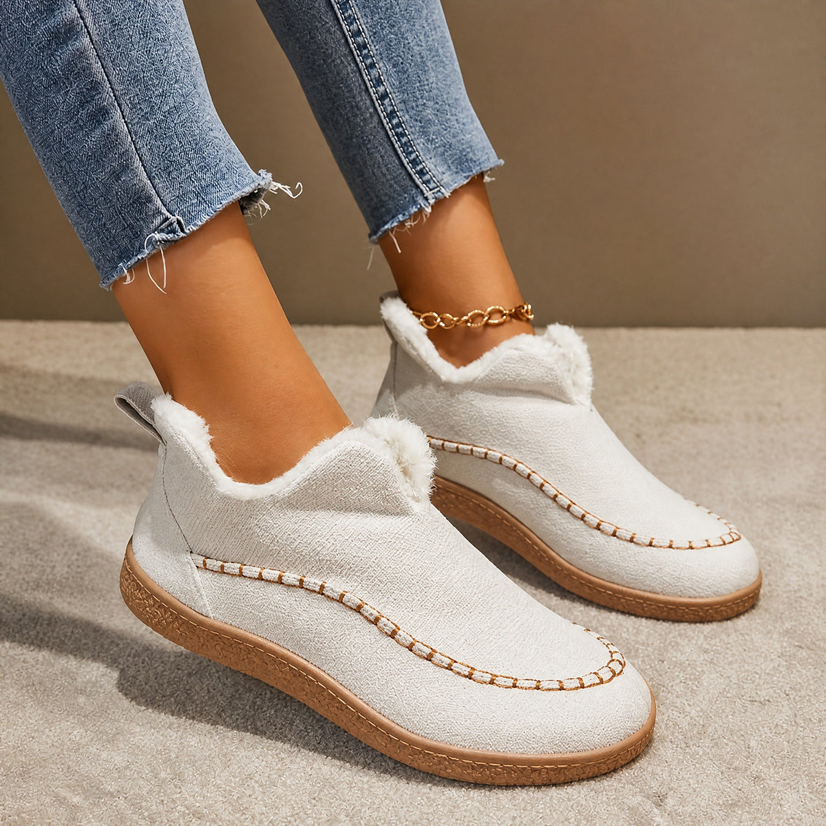 Alice - Women's Fleece-Lined Ankle Boots with Stitch Detail - Boots - White - Davies & Cooper