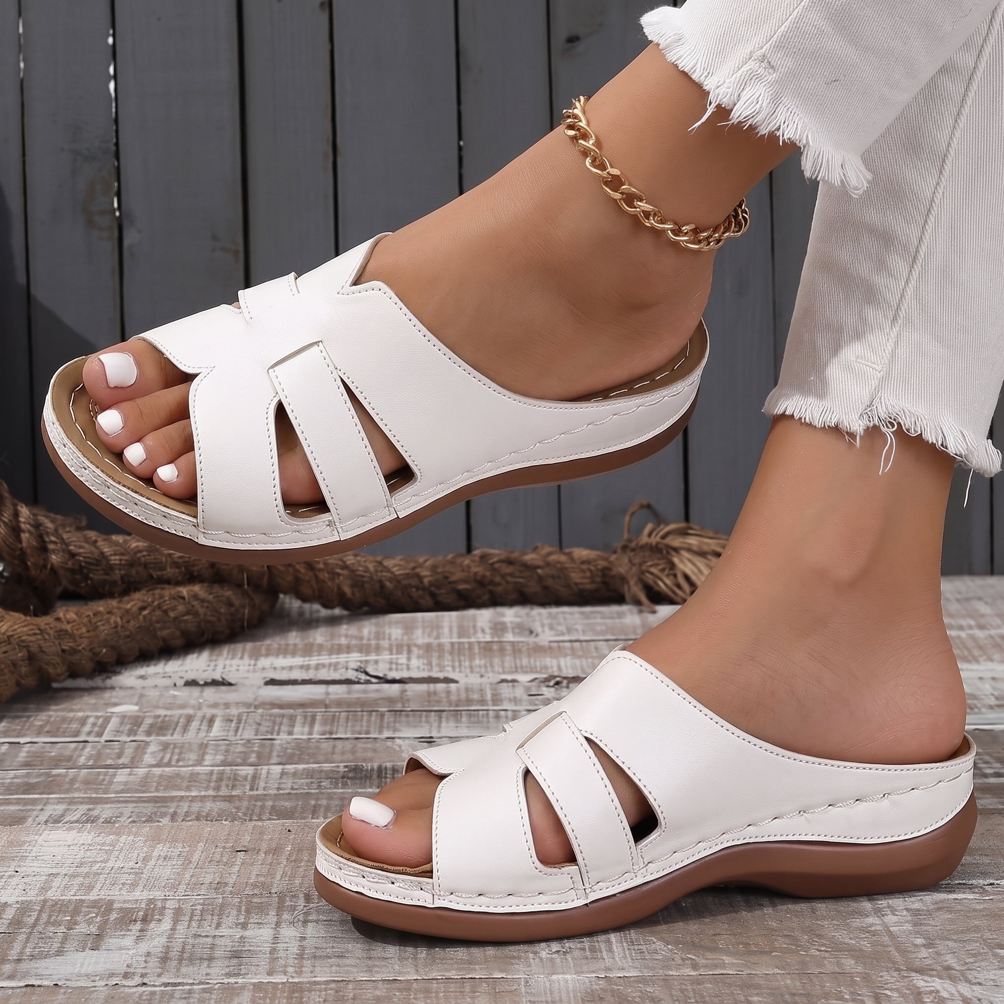 Alice - Women's Orthopaedic Cutout Low Wedge Sandals - Sandals - White - Davies & Cooper